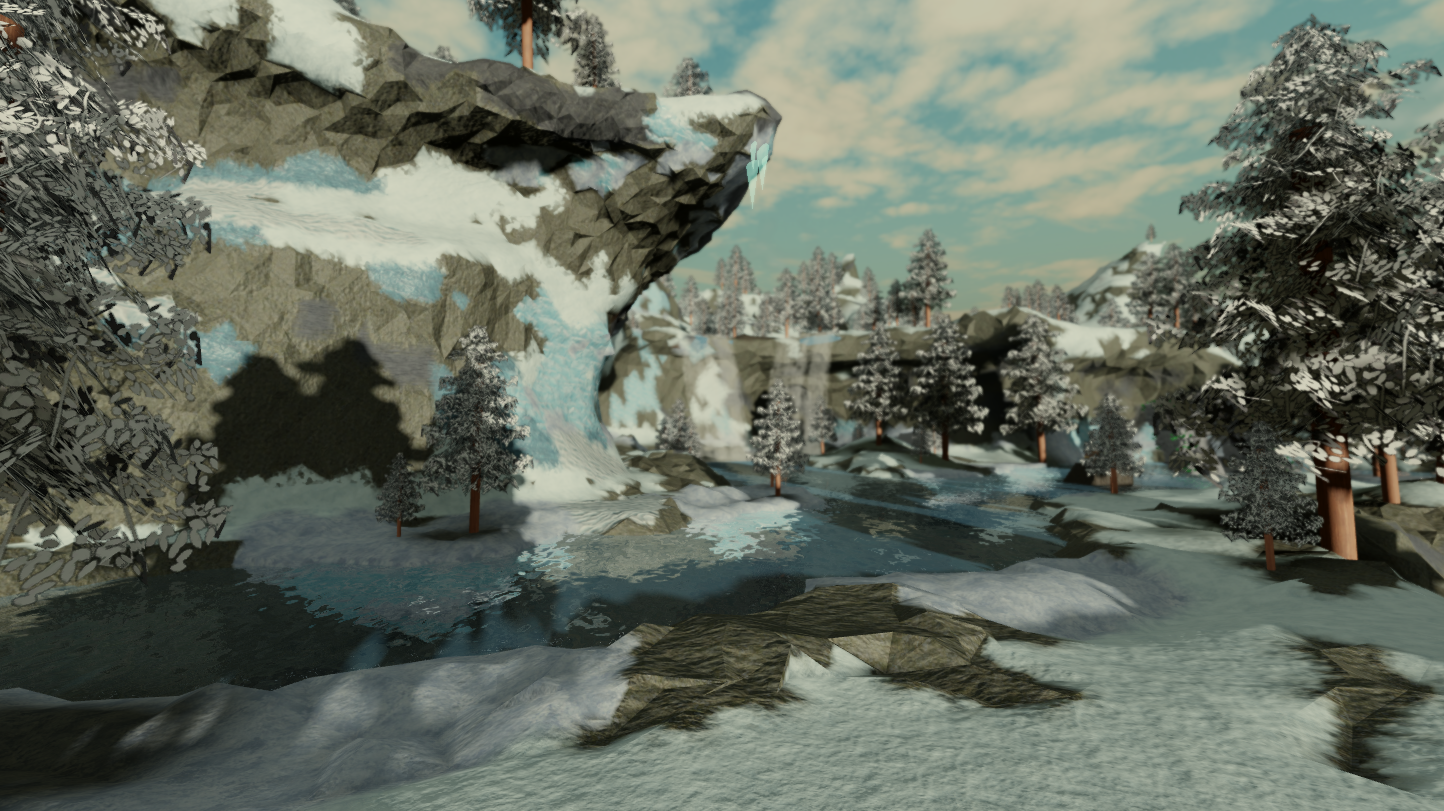 Digital rendering of a snowy winter landscape with a river, snow-covered trees, and rocky cliffs under a cloudy sky.
