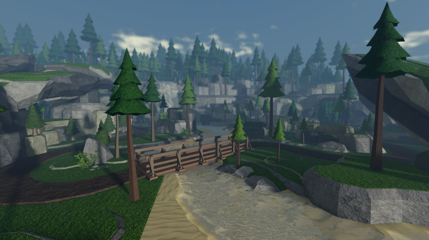 Digital illustration of a forest landscape with tall pine trees, rocky terrain, a small bridge over a stream, and walking paths.