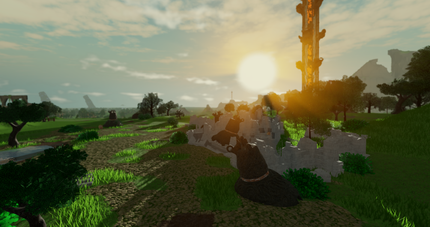 A pixelated landscape scene with a dirt path, green grass, bushes, and trees during sunset, with ruins and a tall pole or tower in the background.