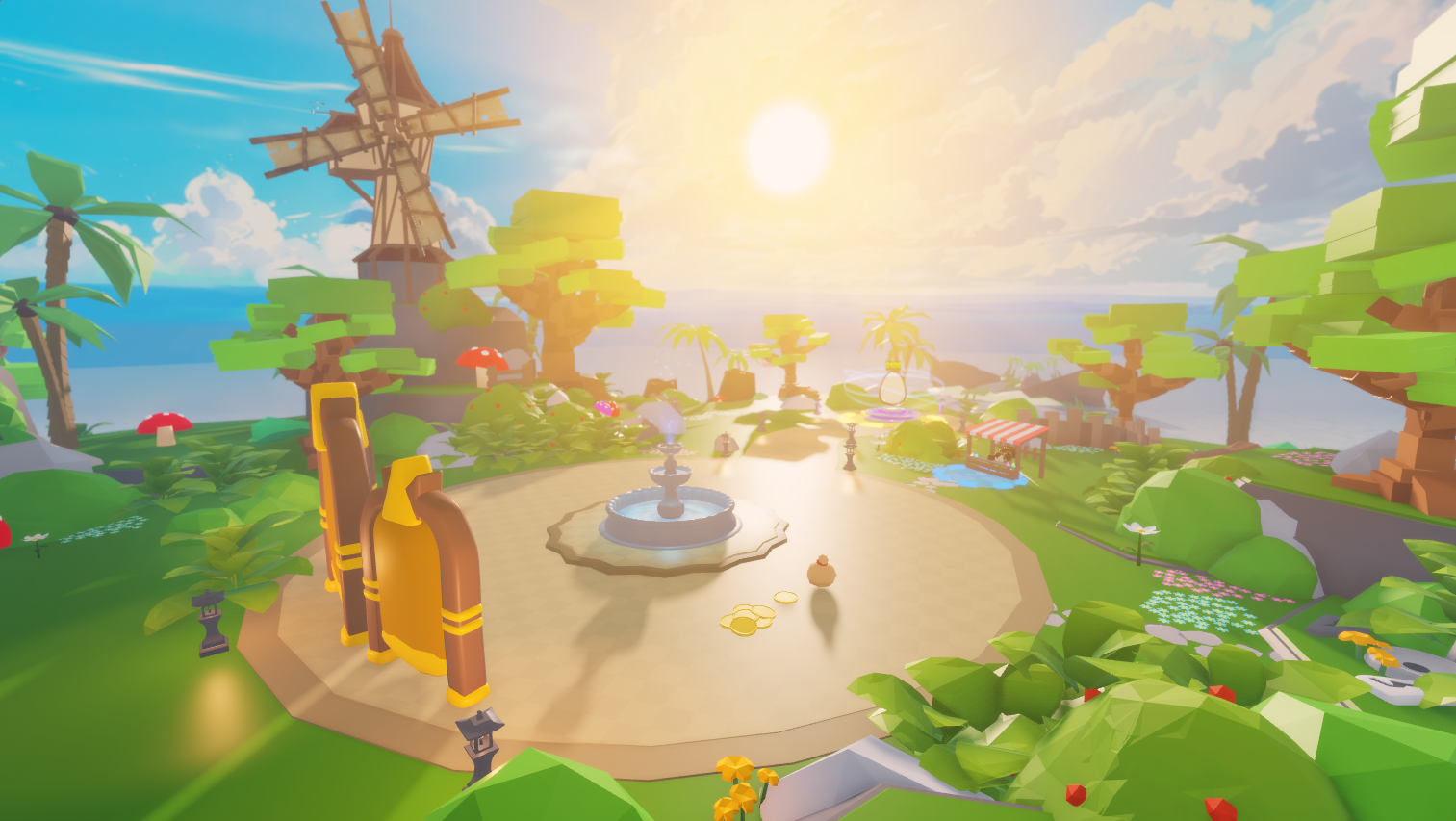 Colorful animated landscape featuring a windmill, trees, flowers, a fountain, and a small pond with a bench and a shaded area, under a bright sun and partly cloudy sky.