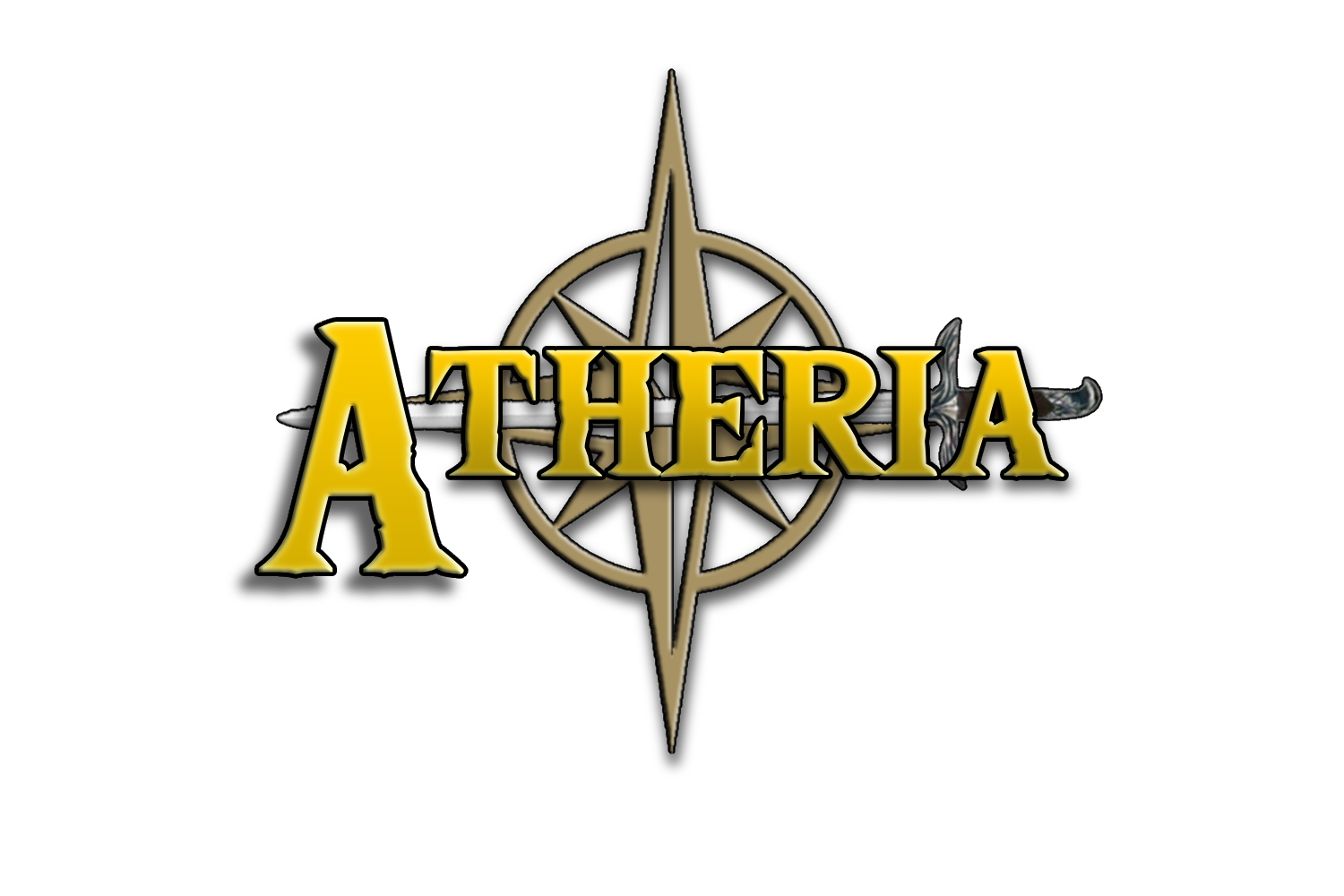 Logo for ATHERA with a sword passing through the center, a gold and black medieval style design with a compass rose in the background.