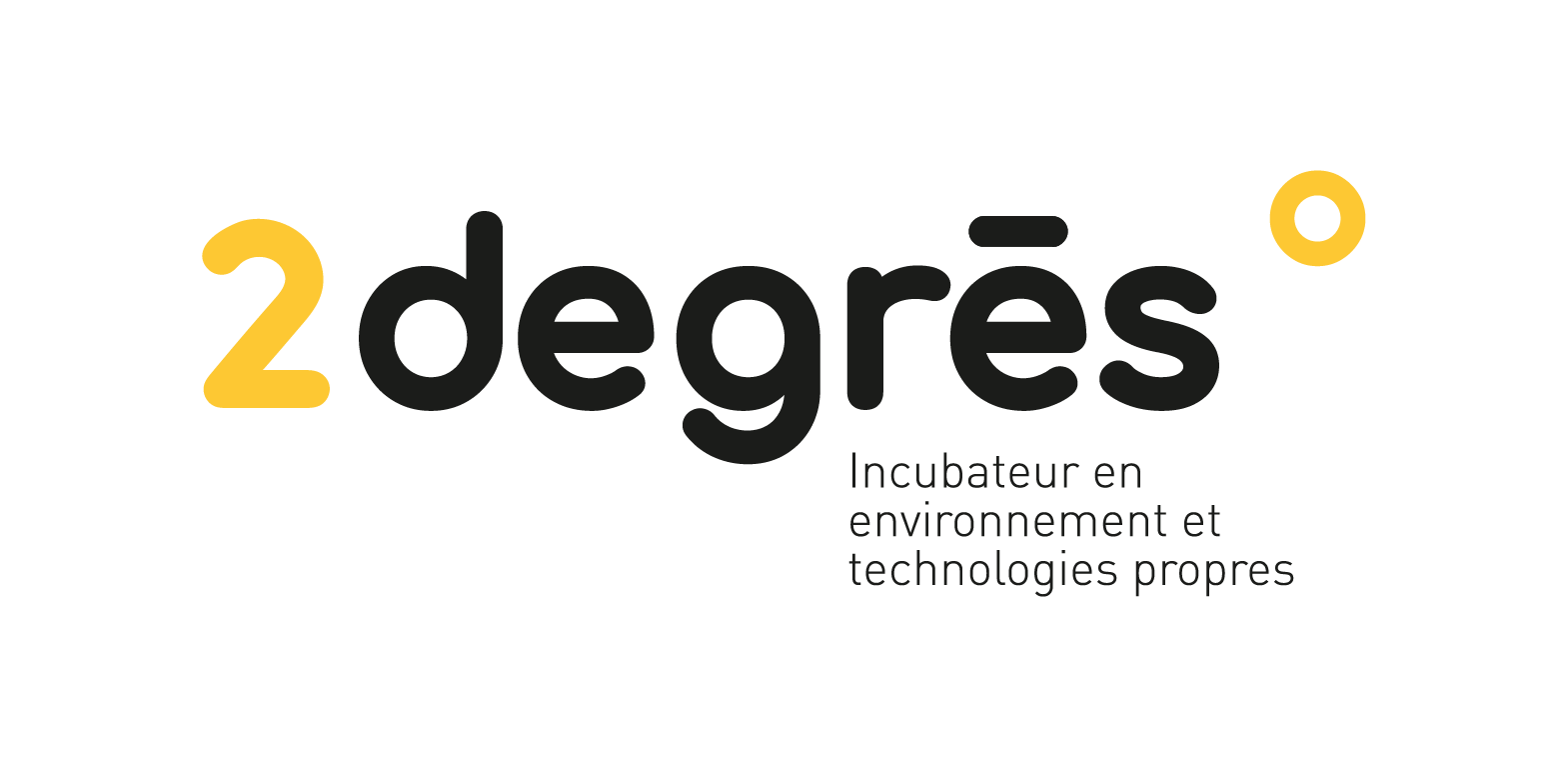 Logo avec le texte '2 degrés' en gros caractères, et la sous-ligne 'Incubateur en environnement et technologies propres' en plus petit.