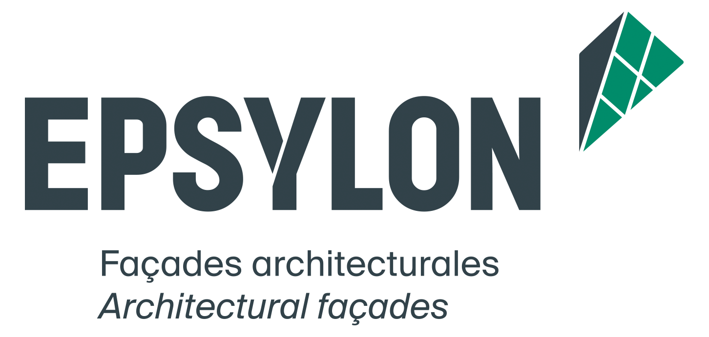 Logo de EPSYLON avec une expression graphique en forme de pyramide abstraite. Texte en français : 'Façades architecturales' et en anglais : 'Architectural façades'.