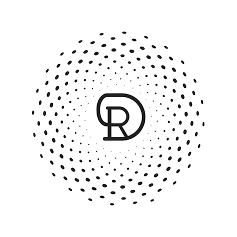 Logo noir avec un motif de points concentriques dispersés autour d'un symbole en forme de D et R stylisés.