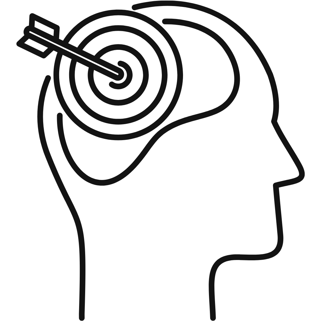 Silhouette d'une tête humaine avec un cercle et une flèche à l'intérieur, représentant un processus de réflexion ou un diagnostic mental.