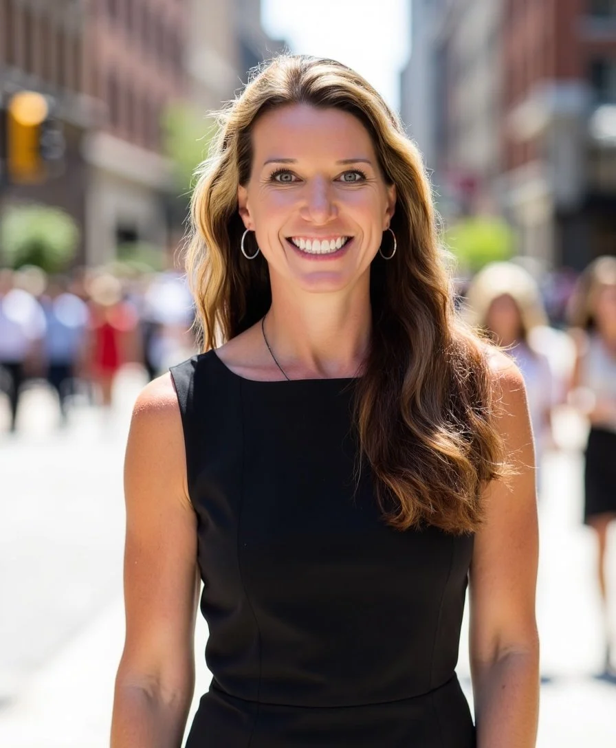 A smiling woman with long, wavy brown hair in a sleeveless black dress, standing outdoors on a sunny day in an urban setting with blurred people and buildings in the background.