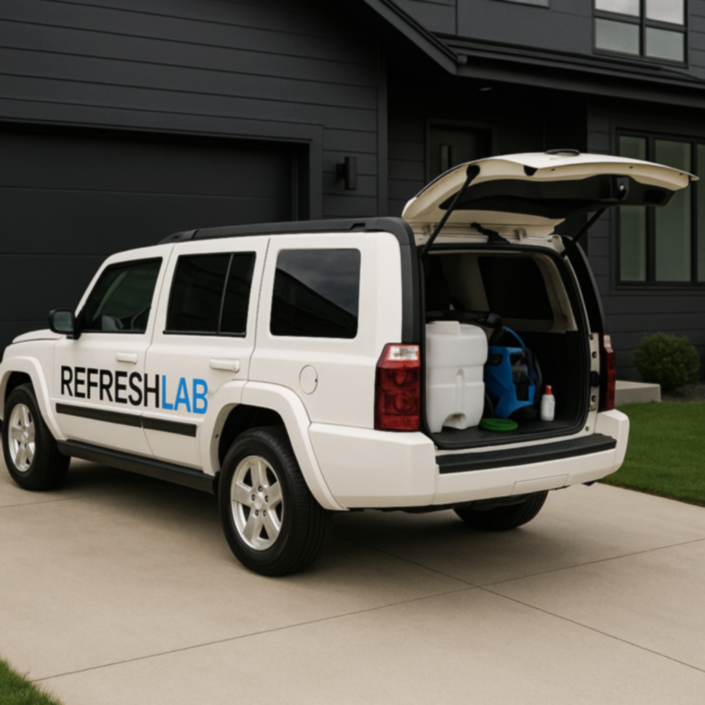 A white vehicle with 'REFRESH LAB' branding parked in a driveway with an open back, showing cleaning equipment inside.
