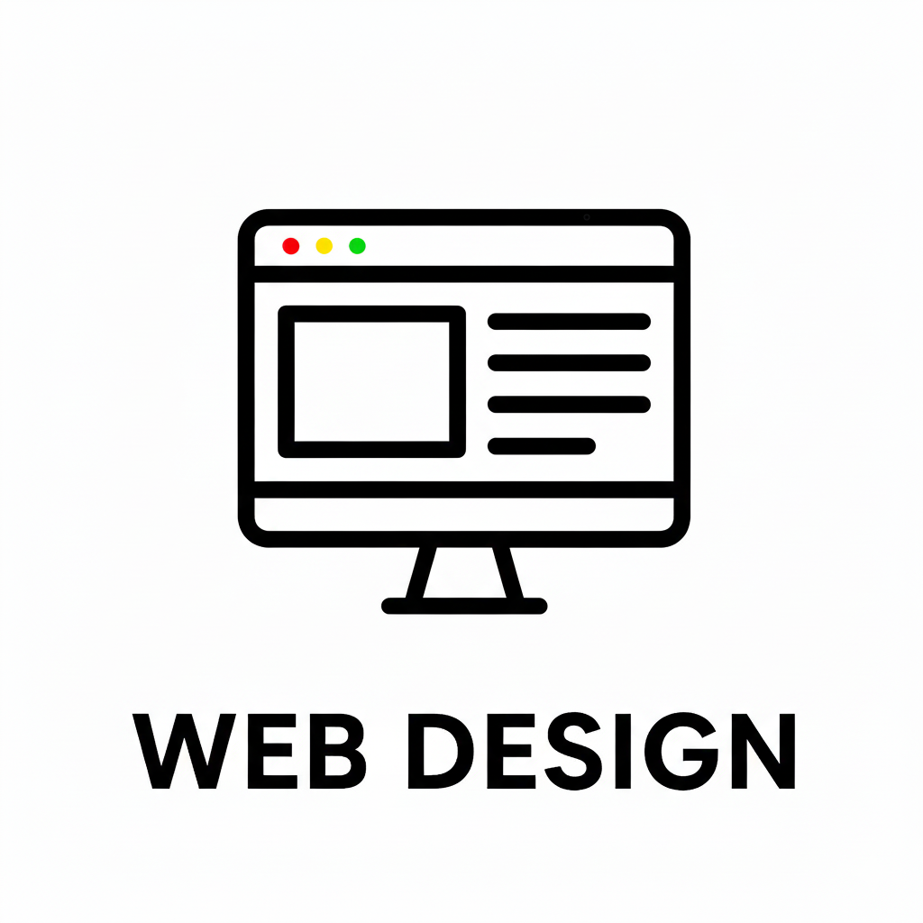 Line drawing of a computer monitor displaying a web page layout, with the text "WEB DESIGN" below.