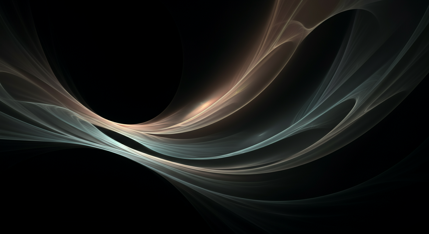 Abstract digital artwork featuring swirling, glowing lines and a central black void on a dark background.