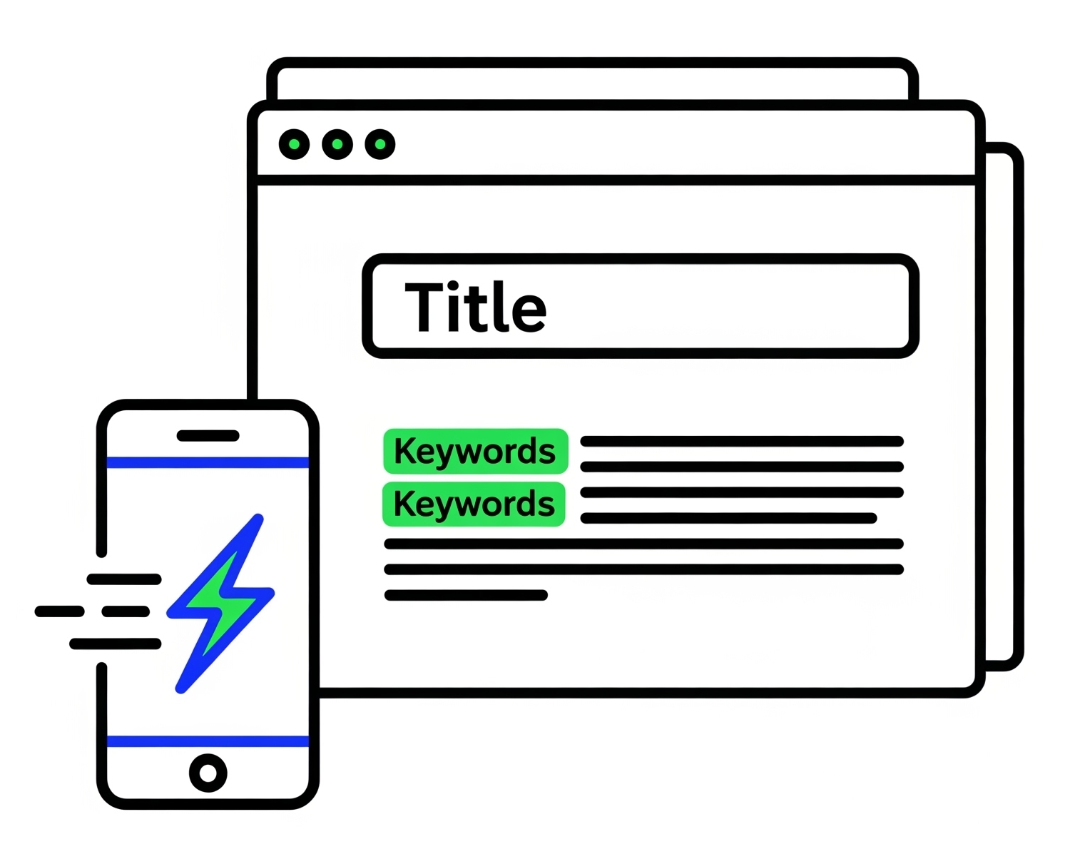 Illustration of a Wordpress web page with a mobile phone displaying a lightning bolt symbol, representing speed.