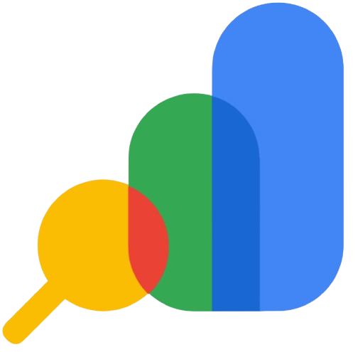 A colorful bar chart with a magnifying glass icon overlapping the left side, showing different data values.