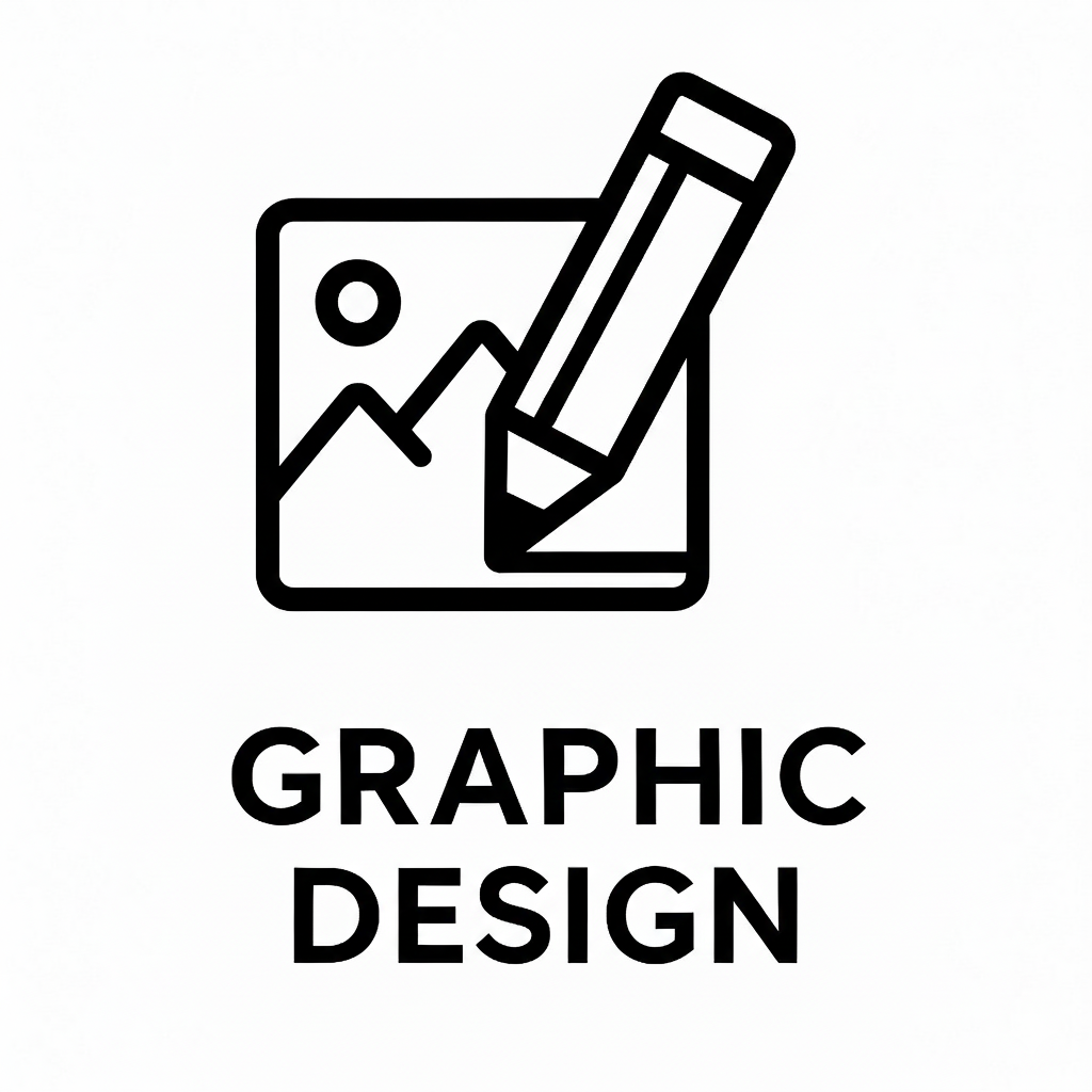 Icon of a picture with a mountain and sun, and a pencil overlapping it, with the text 'GRAPHIC DESIGN' underneath.