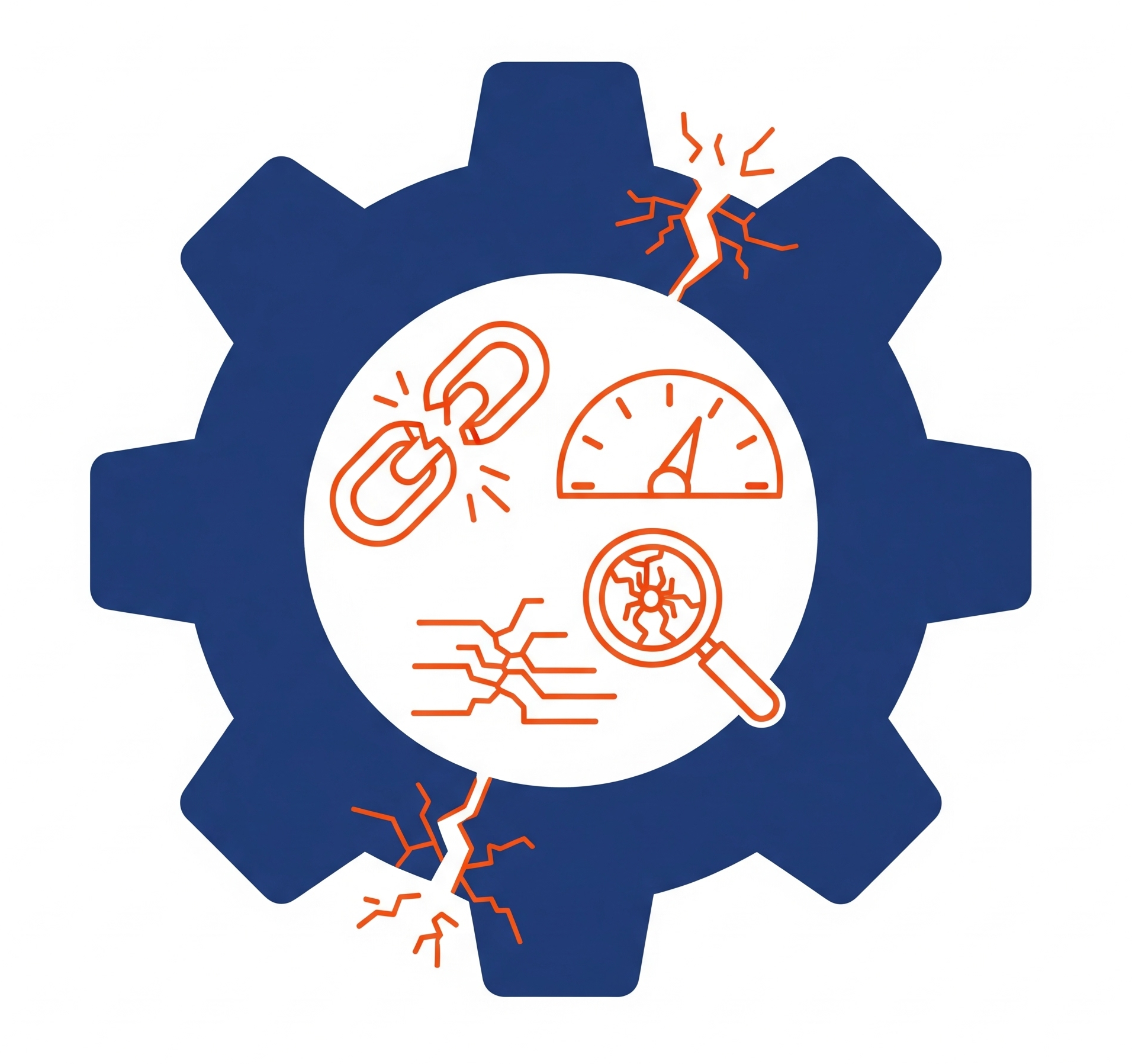 Illustration of a gear with icons representing connection, speed, bugs, and diagnostics inside it, with cracks indicating issues.