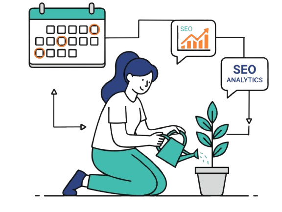 A woman kneeling on the floor working on a laptop with multiple screens and SEO-related graphics and charts around her, including keywords, a growth graph, and SEO analysis.