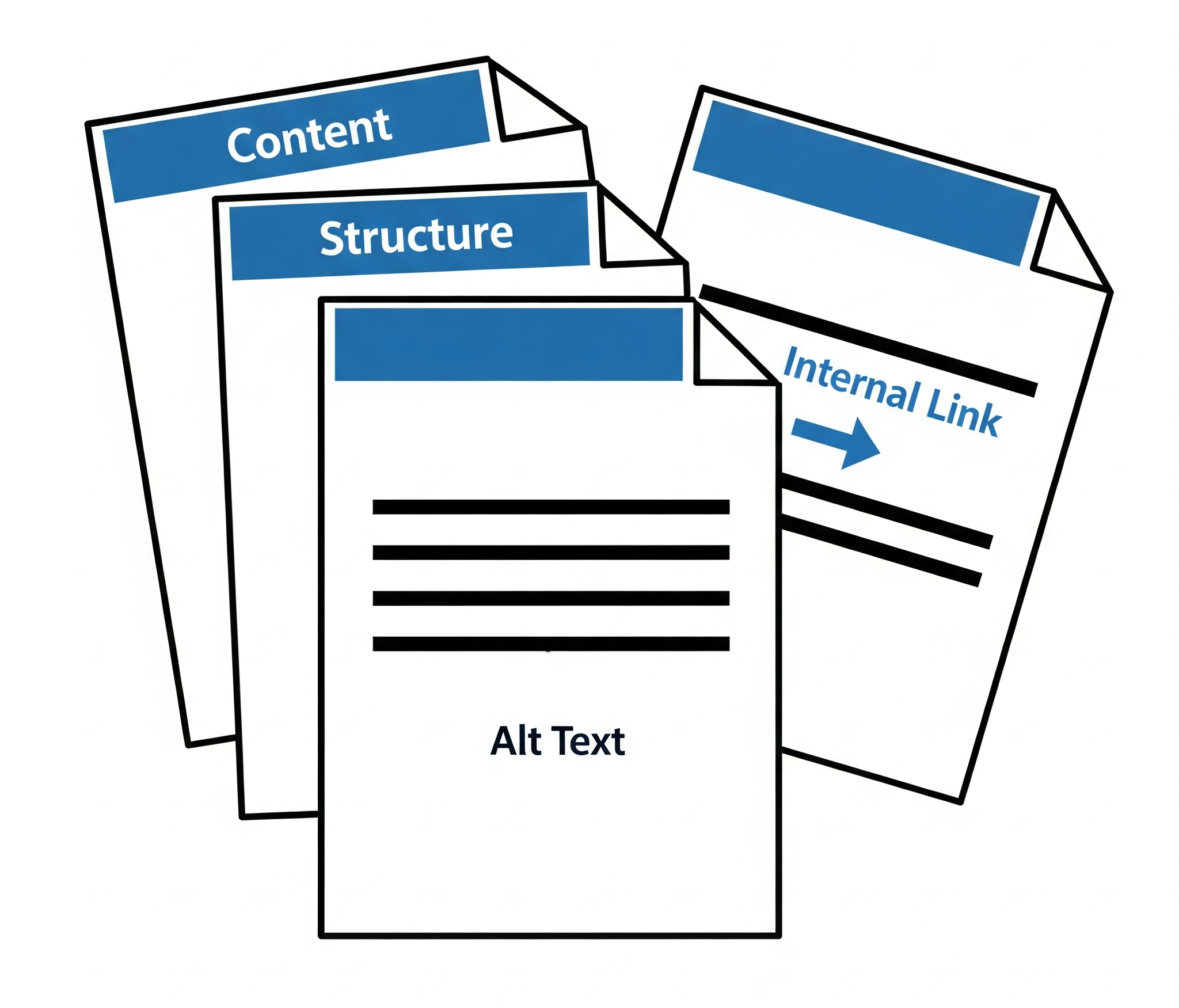 Illustration of four documents with labels 'Content', 'Structure', 'Alt Text', and 'Internal Link' in blue headers, with diagrams and text on each page.