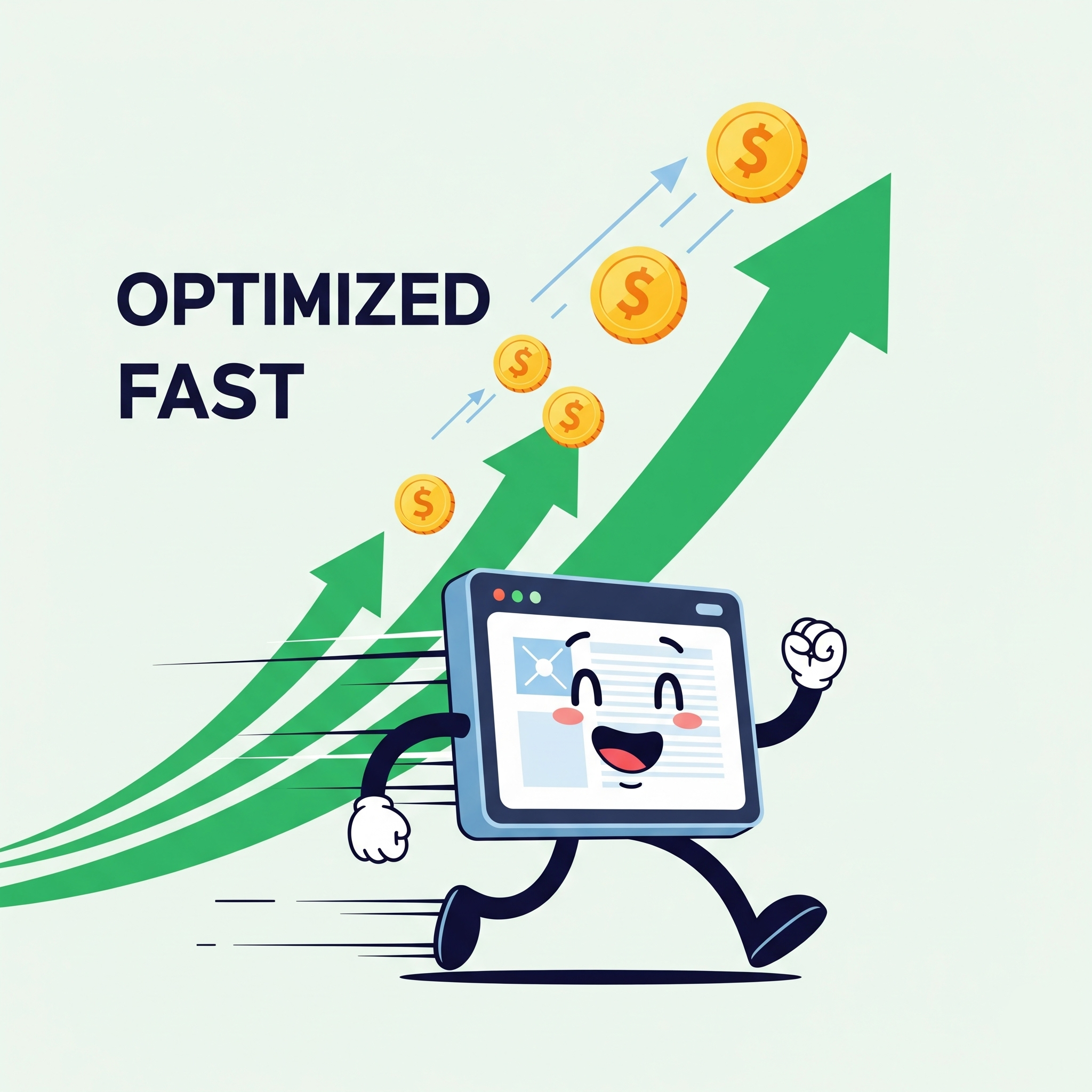 A cartoon computer character with arms and legs, smiling and running, with upward trending green arrows and dollar coins, and the words 'Optimized Fast'.