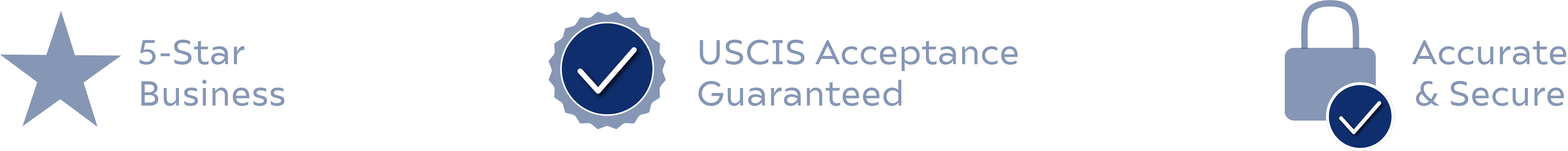 Icons accompanied by text highlighting qualities: a 5-star business rating, USICS acceptance guaranteed, and secure, accurate protection with a lock symbol.