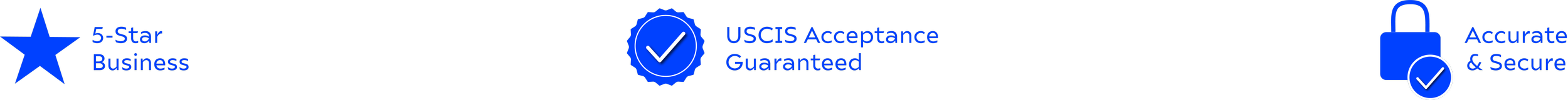 Simple graphic with icons and text emphasizing a 5-star business, USCIS acceptance guarantee, and secure, accurate services.