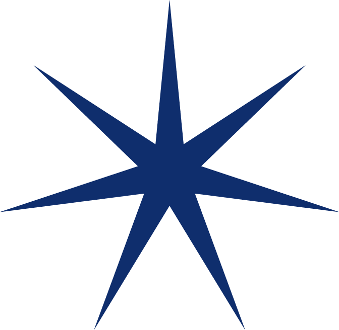 A blue eight-pointed star with sharp, elongated points on a black background.