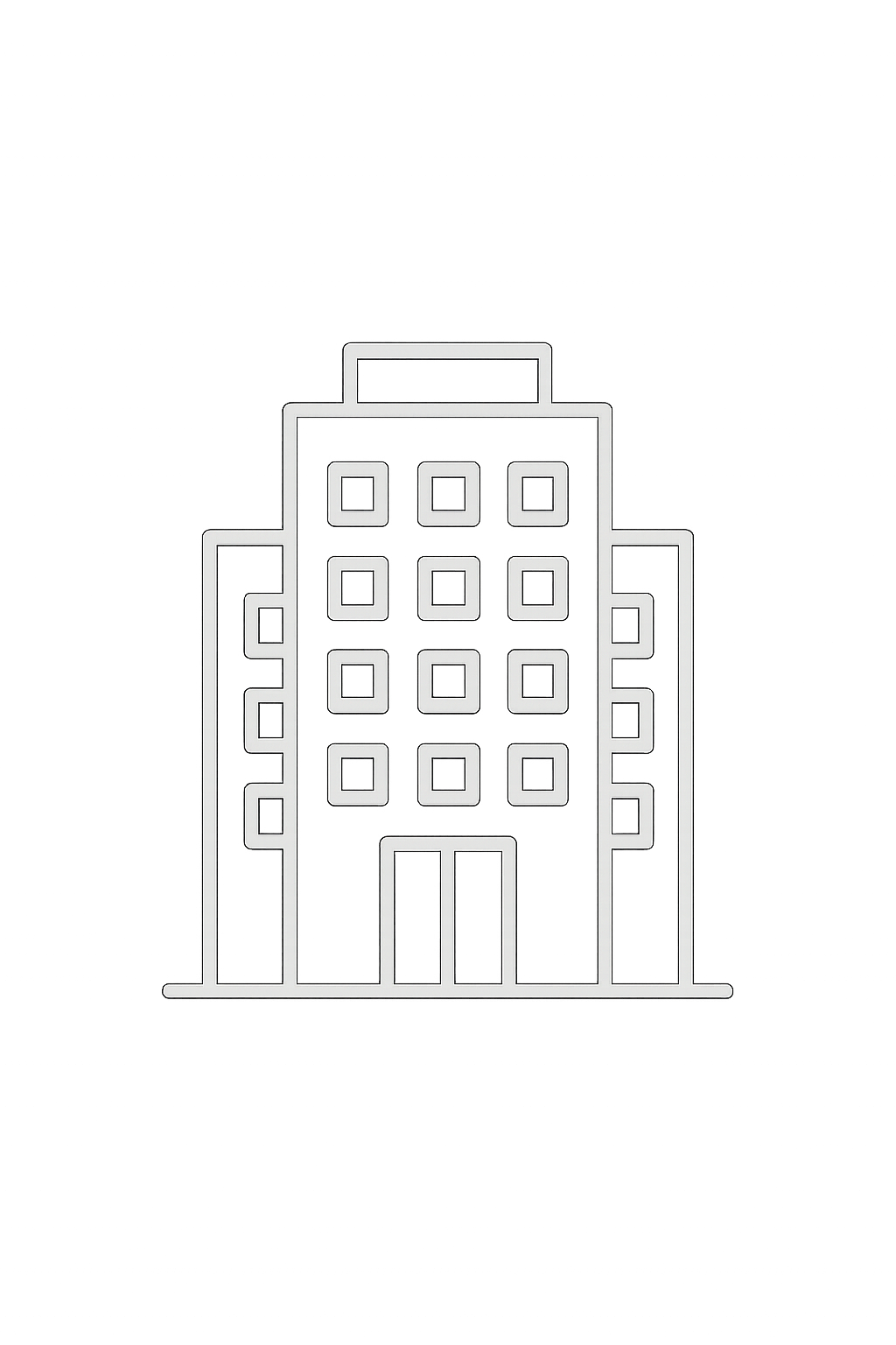 Outline illustration of a multi-story building with symmetrical window placement on a black background.