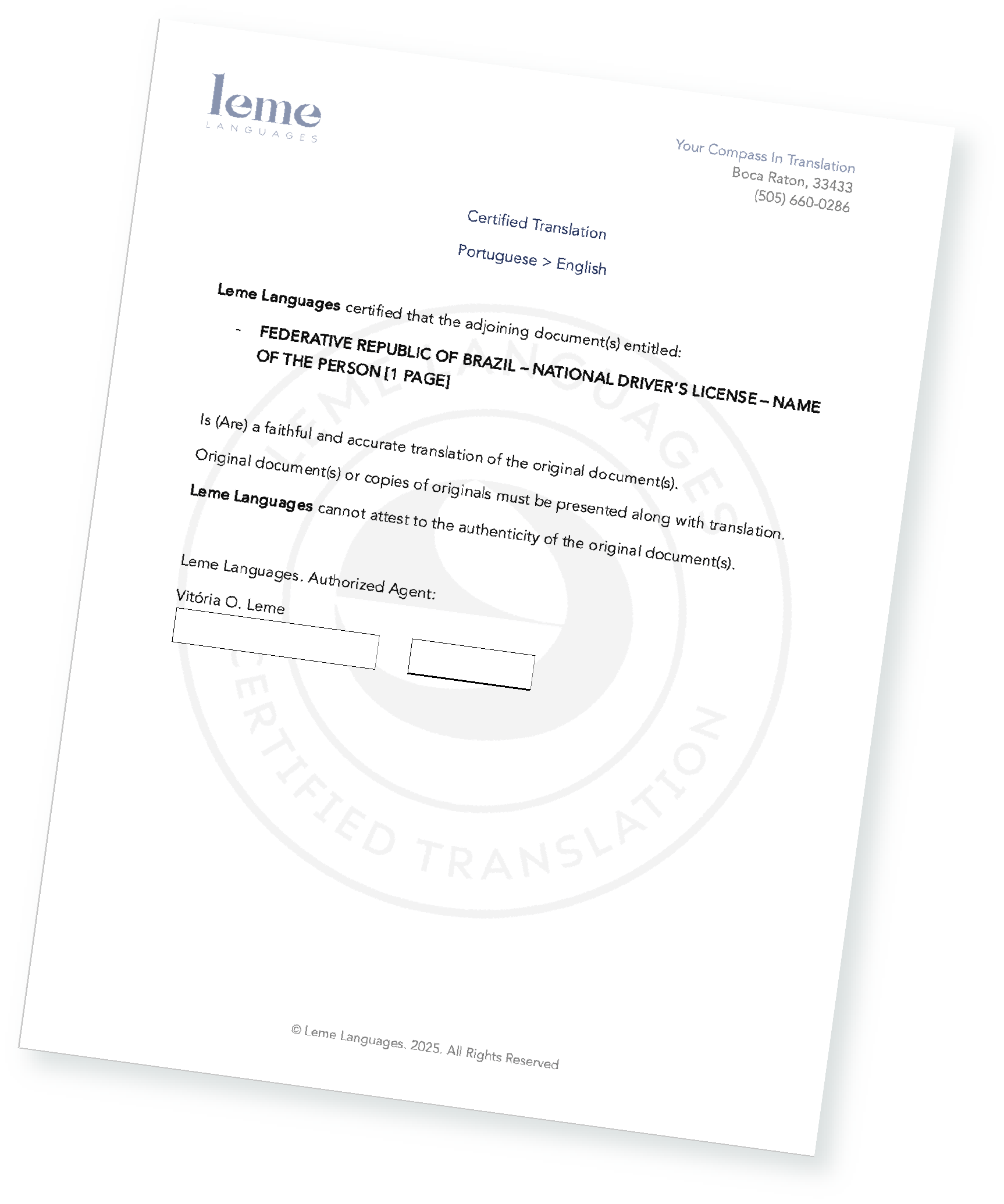 A translation certification document from Leme Languages certifying a Brazilian driver's license translation from Portuguese to English. The document includes a signature line for the authorized agent, Vitória O. Leme.