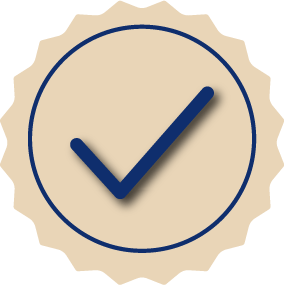 A beige circular badge with a dark blue checkmark in the center.