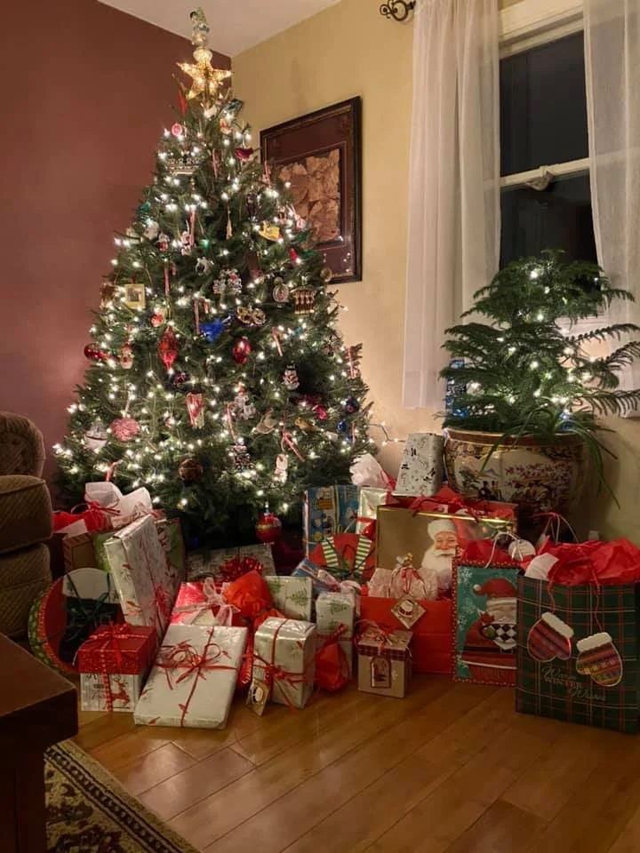 Festively decorated Christmas tree with wrapped presents underneath, in a cozy living room.