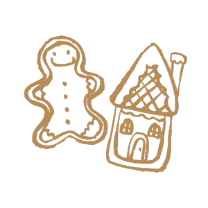 Drawings of a gingerbread cookie and a gingerbread house on a black background