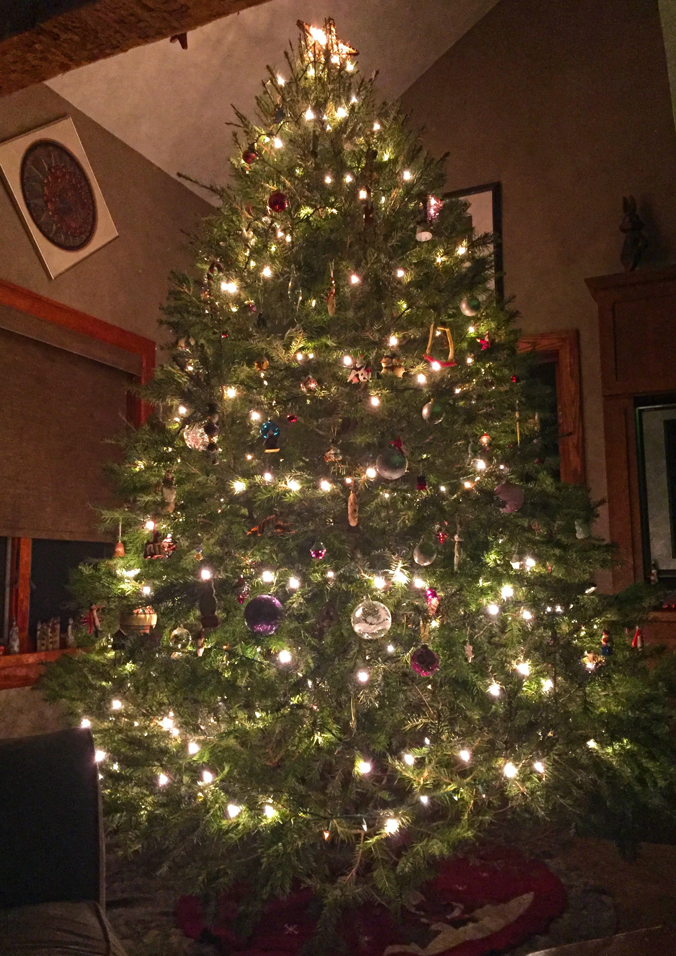 A decorated Christmas tree with lights and ornaments inside a cozy room.