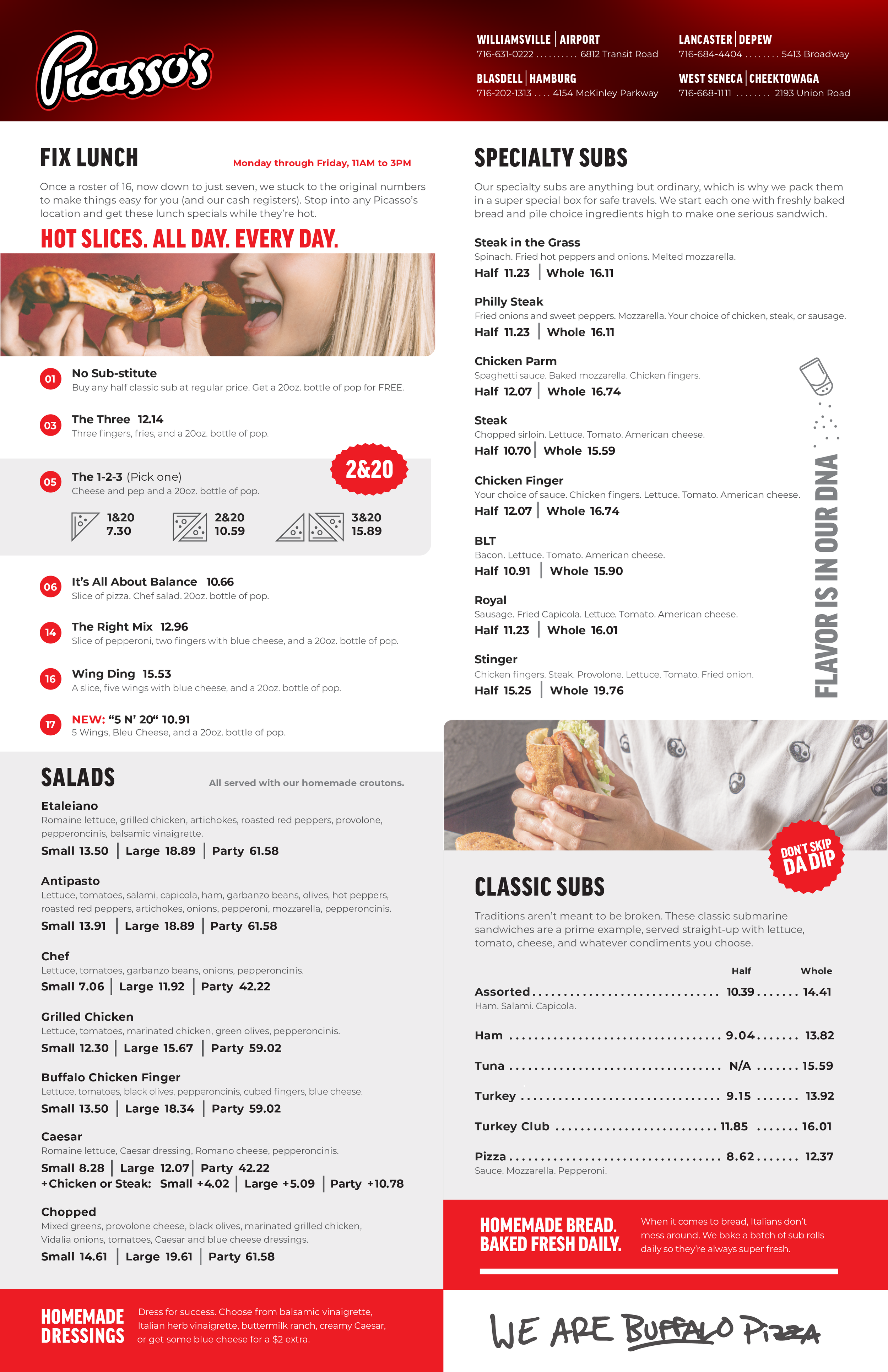 Picasso's restaurant menu listing various pizzas, toppings, wings, sides, calzones, bread, desserts, and beverages.