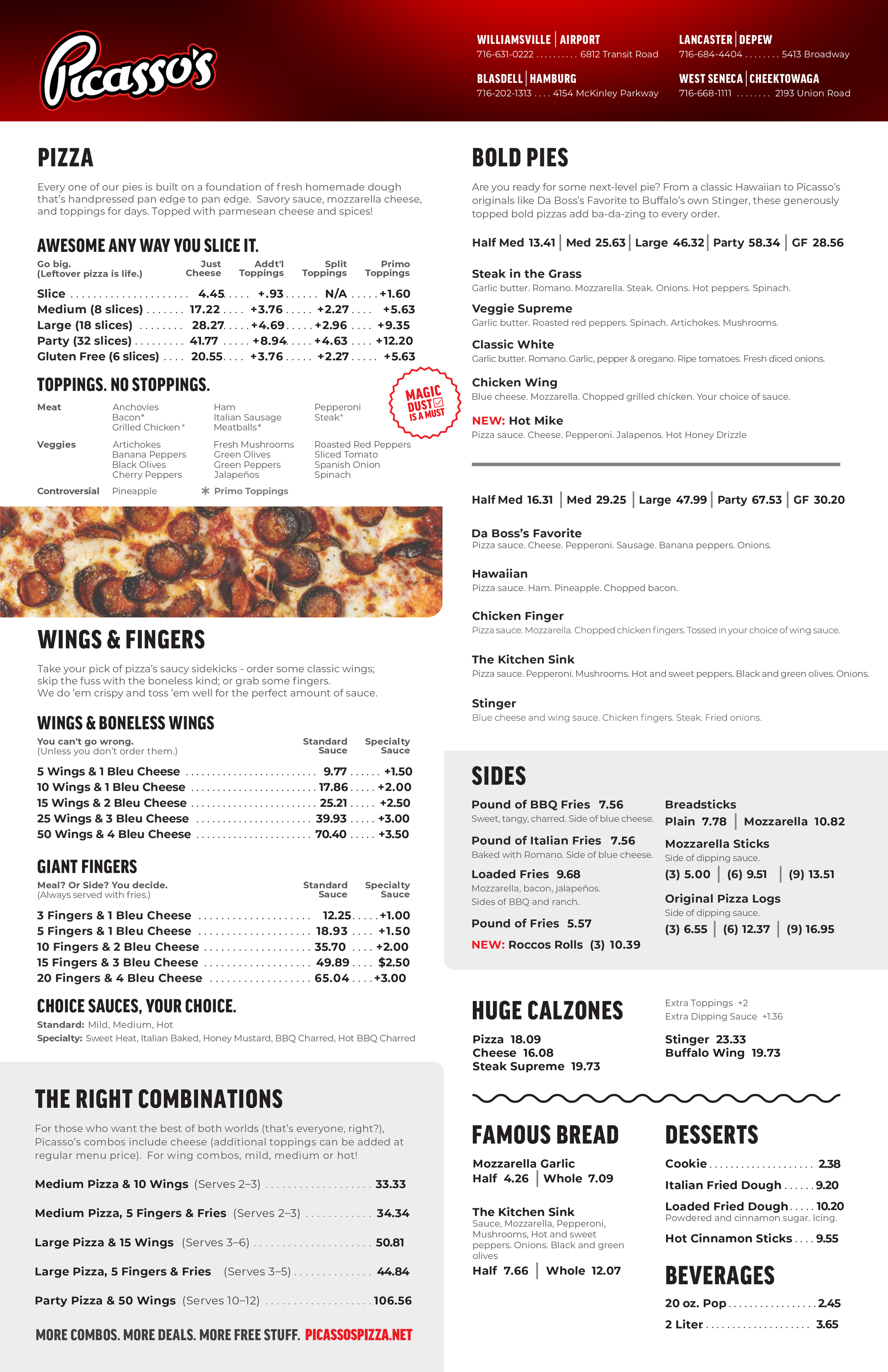 Picasso's restaurant menu listing various pizzas, toppings, wings, sides, calzones, bread, desserts, and beverages.