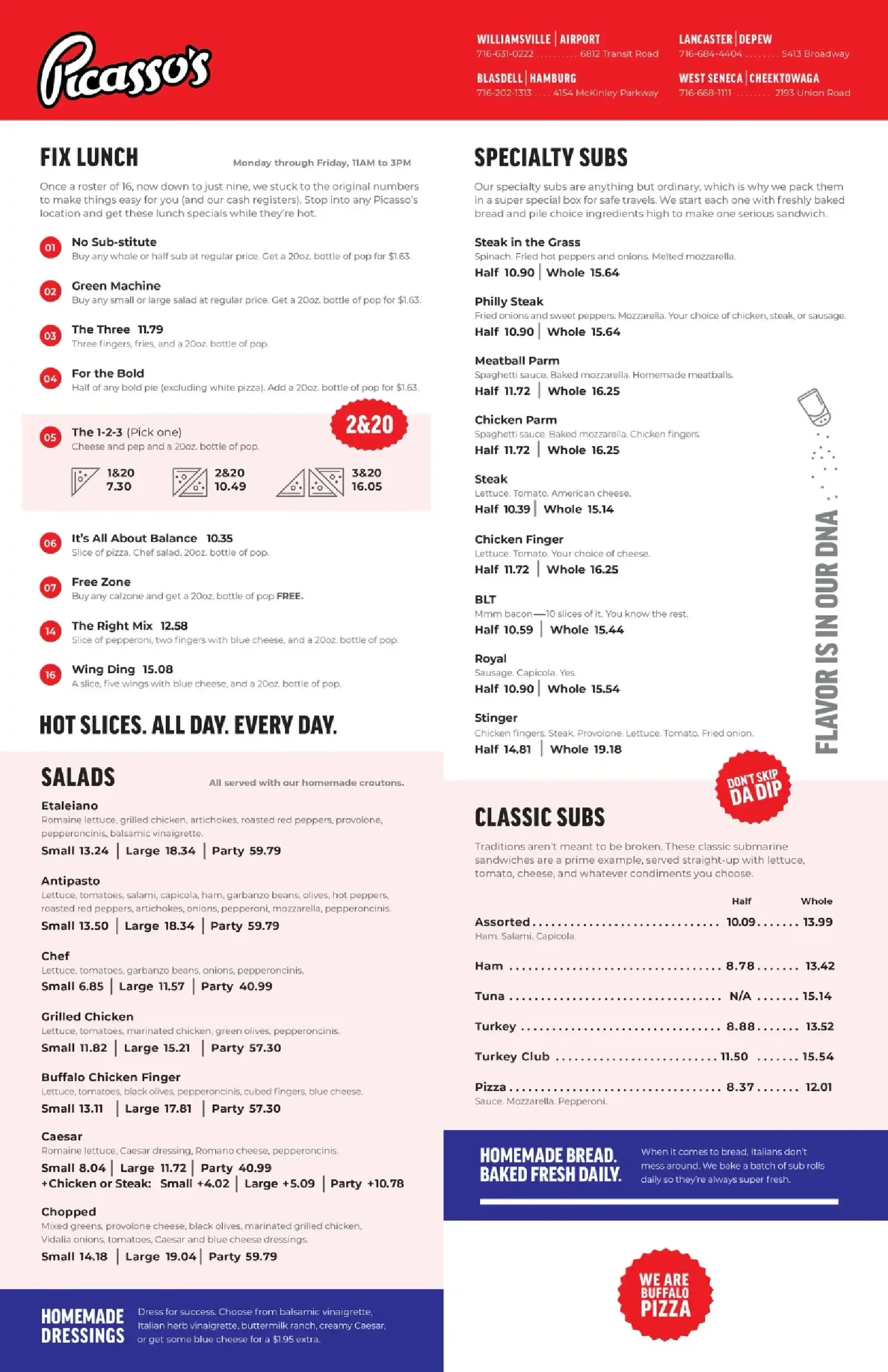 Menu for Picasso's restaurant featuring lunch specials, salads, hot slices, specialty and classic subs, with pricing and descriptions.
