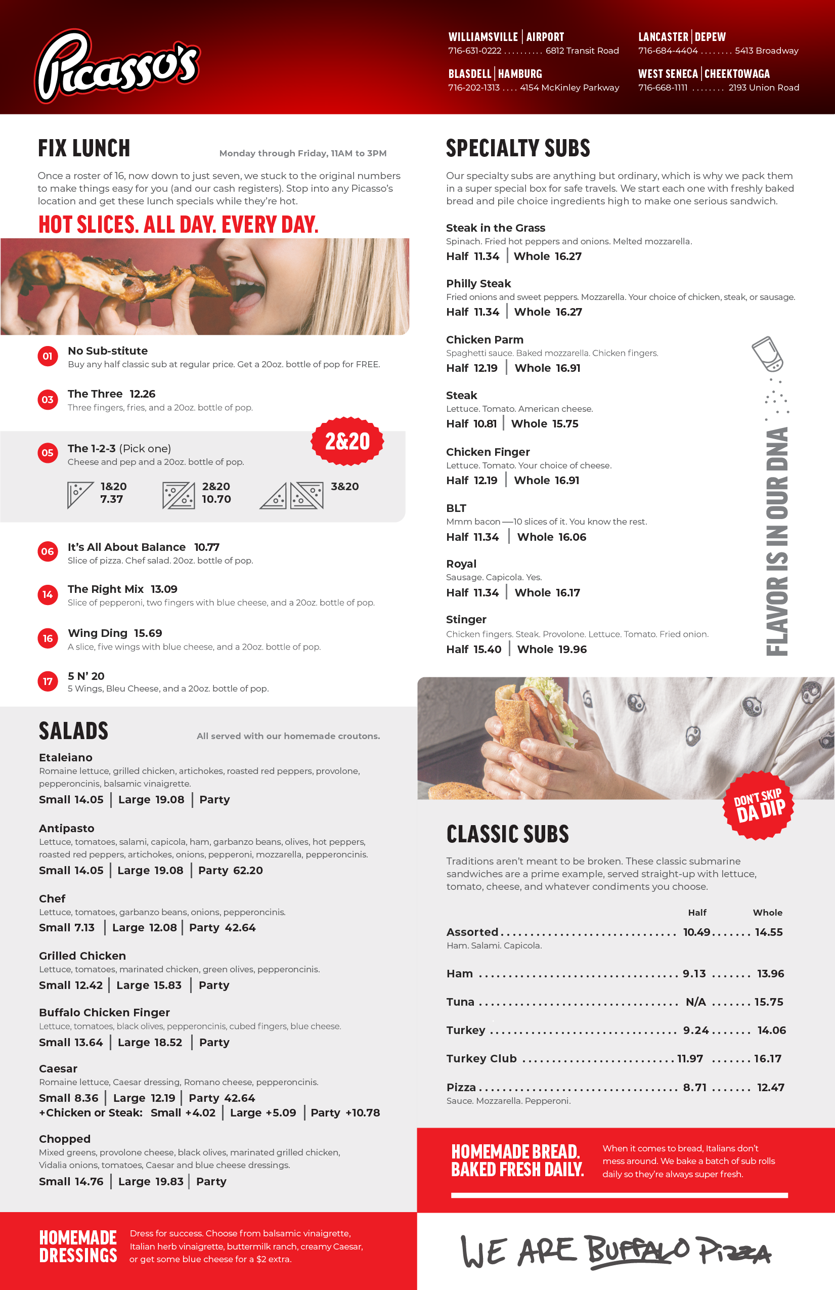 Picasso's restaurant menu listing various pizzas, toppings, wings, sides, calzones, bread, desserts, and beverages.