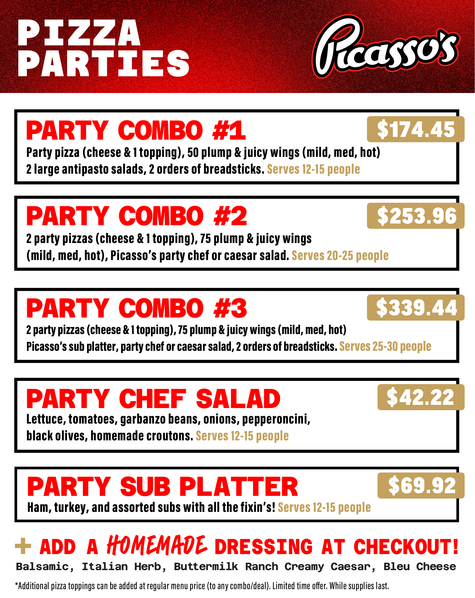 A menu from Picasso's restaurant listing several party pizza and salad combo options with prices and serving sizes.