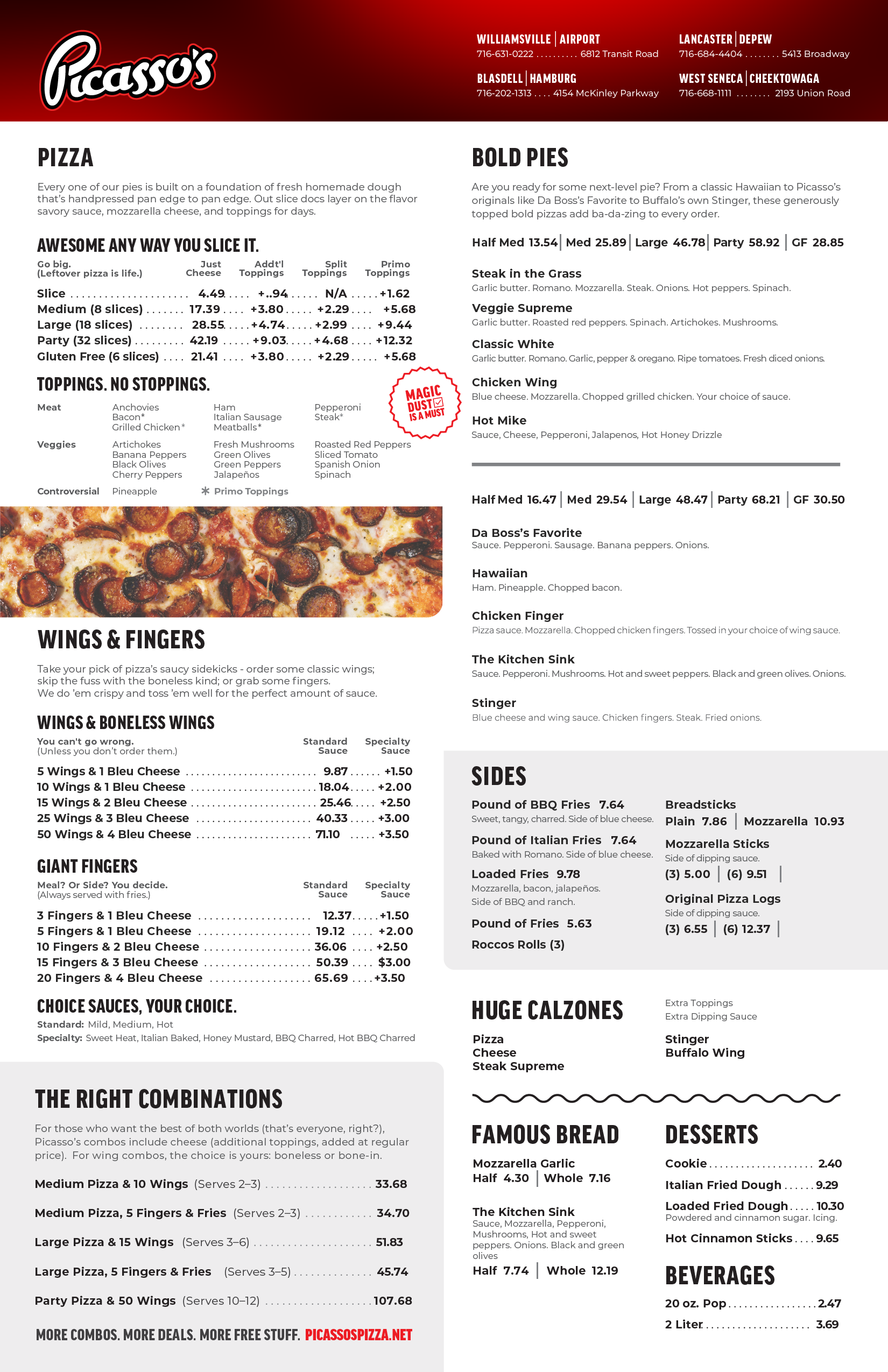 Picasso's restaurant menu listing various pizzas, toppings, wings, sides, calzones, bread, desserts, and beverages.