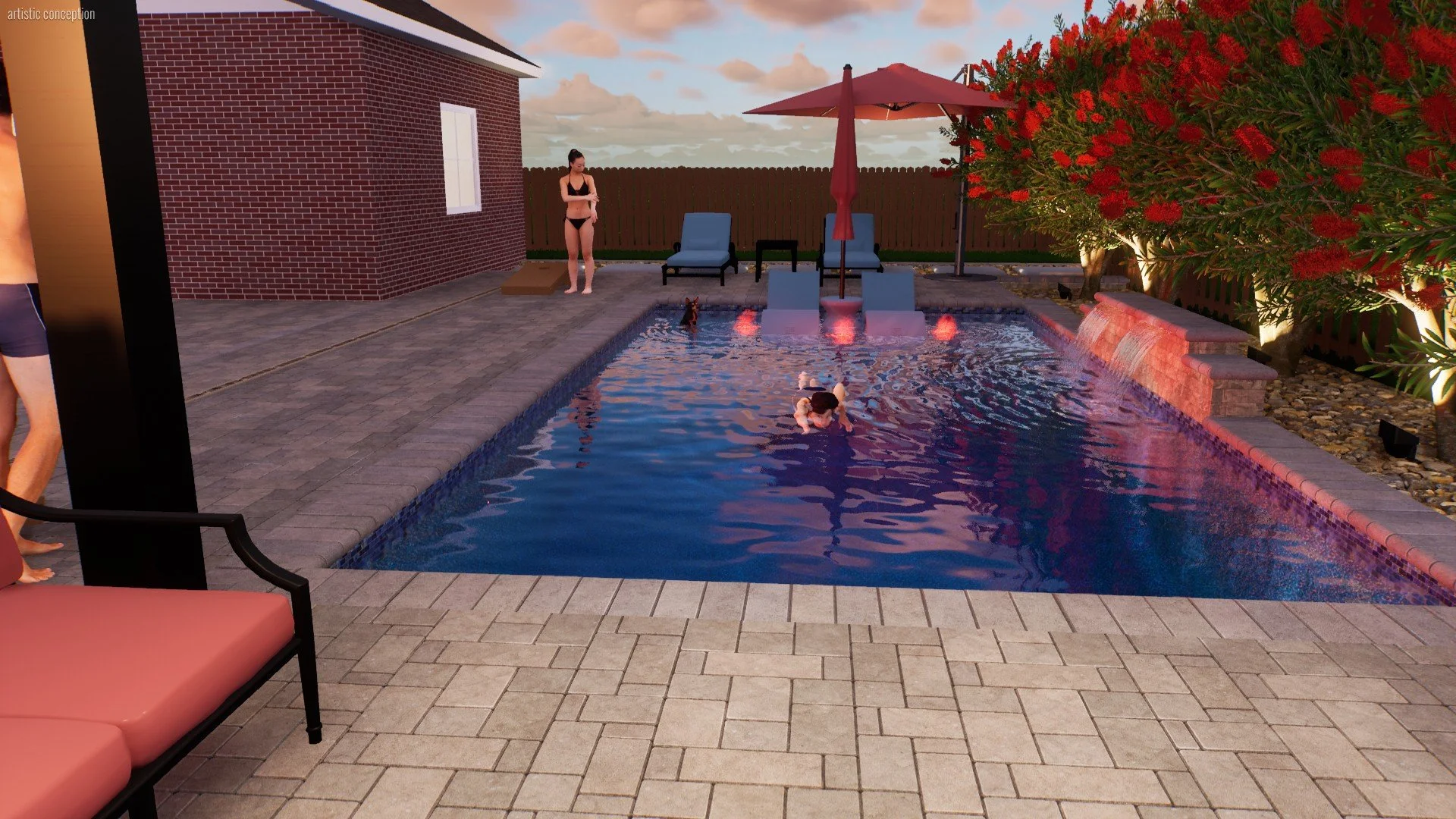 A backyard swimming pool area during sunset with a brick house on the left, two lounge chairs under a red umbrella, and a person standing near the house. The pool has a waterfall feature, and a dog is swimming in the water. There are trees with red f