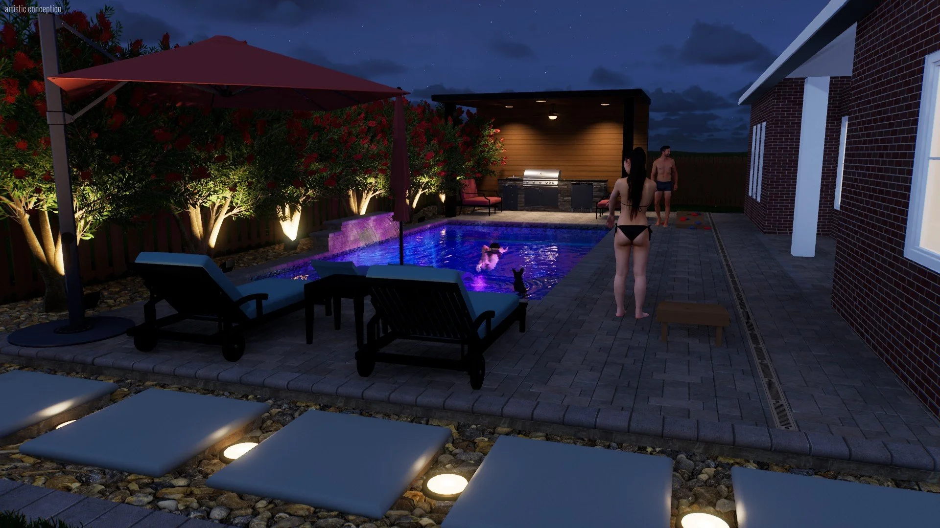 Nighttime backyard scene with a lit swimming pool, surrounded by lounge chairs, an umbrella, and trees with lights. Two people are swimming in the pool, and two others stand nearby. There is a grill area with a wooden wall and chairs on a patio.