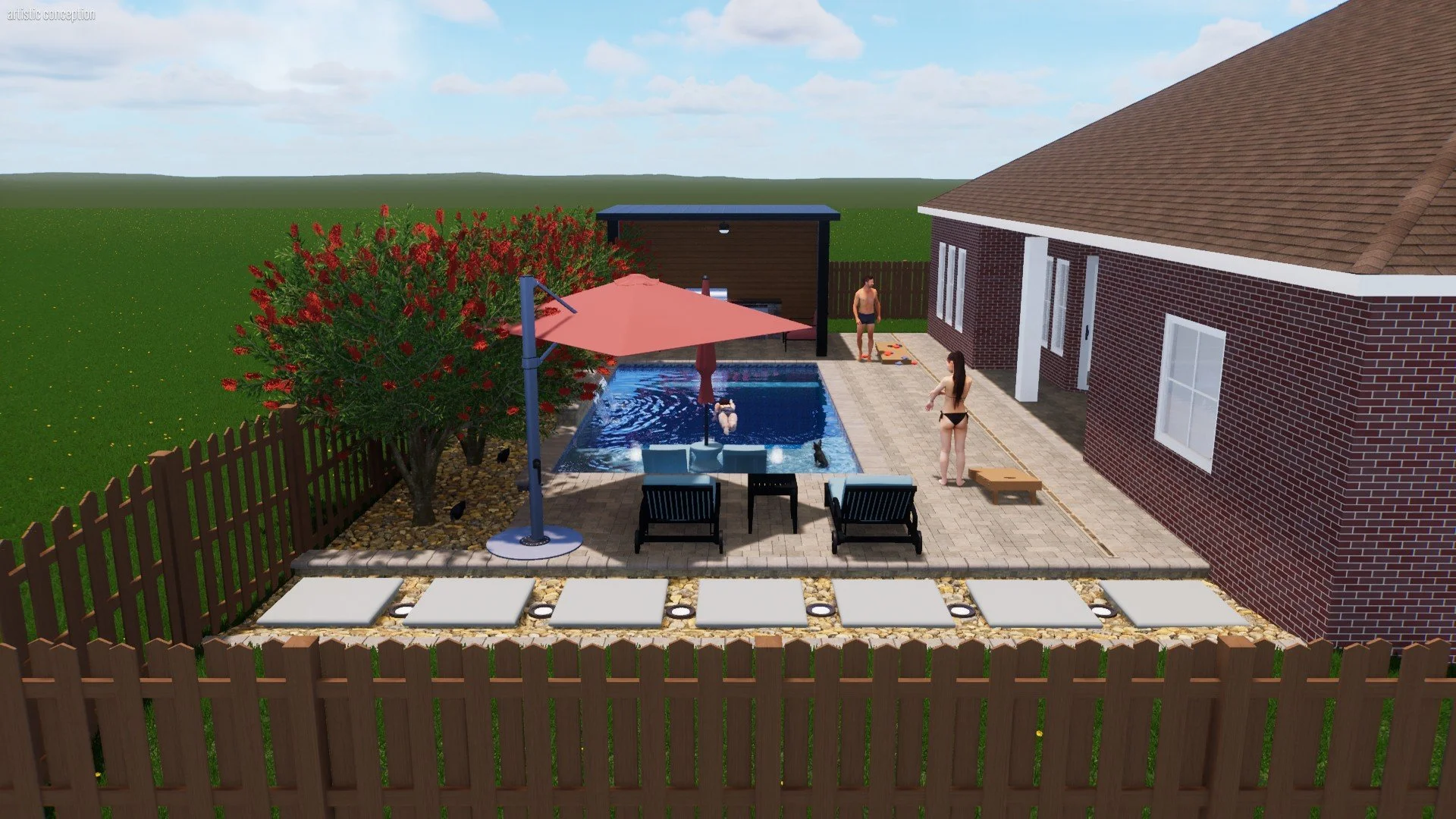 Digital rendering of a backyard with a swimming pool, lounge chairs, an umbrella, a tree with red flowers, a brick house, and a wooden fence. Two people are near the pool, and a man is standing under a shaded structure.