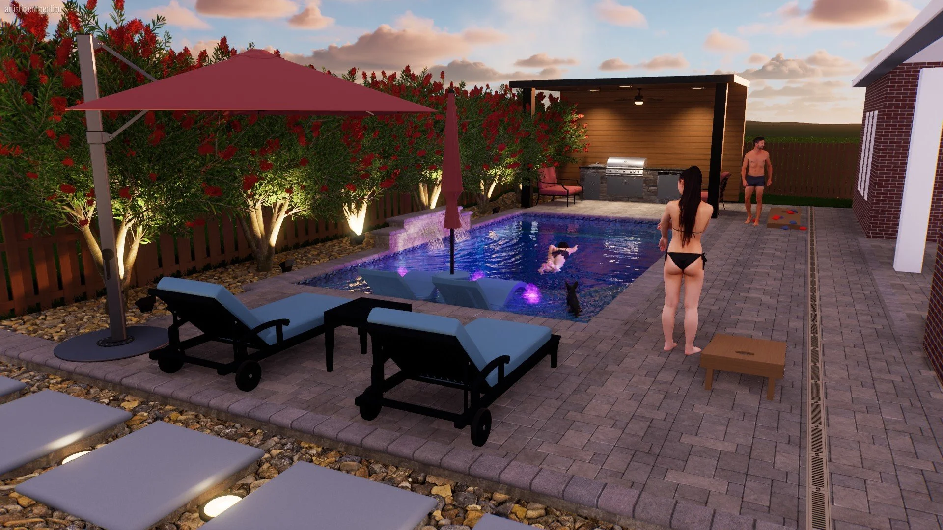 A backyard with a swimming pool, lounge chairs, umbrellas, and trees, where people are enjoying a swim and relaxing at sunset.