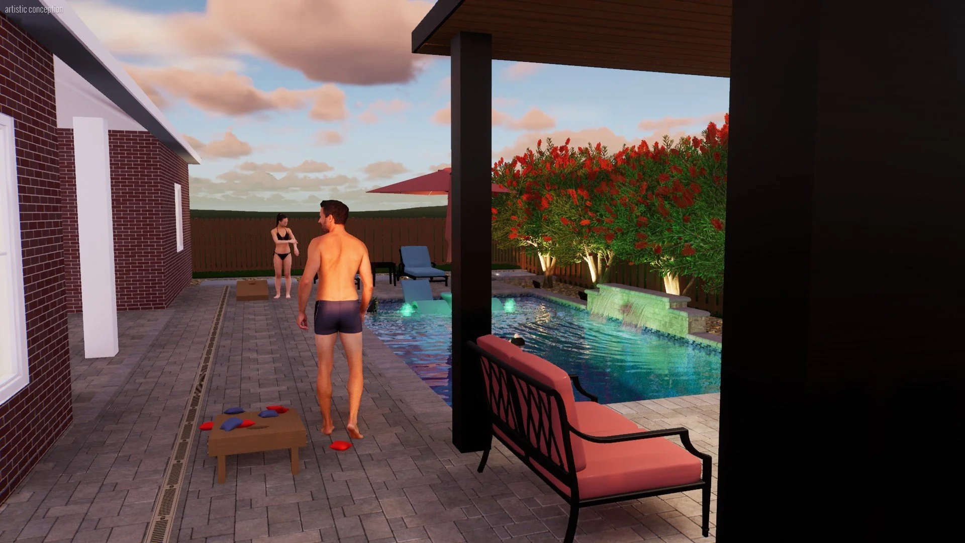 A backyard scene during sunset with a pool, two people in swimwear, a woman standing near the pool, a man walking on the patio, a bean bag chair, a bench, and berry-laden bushes along the fence.