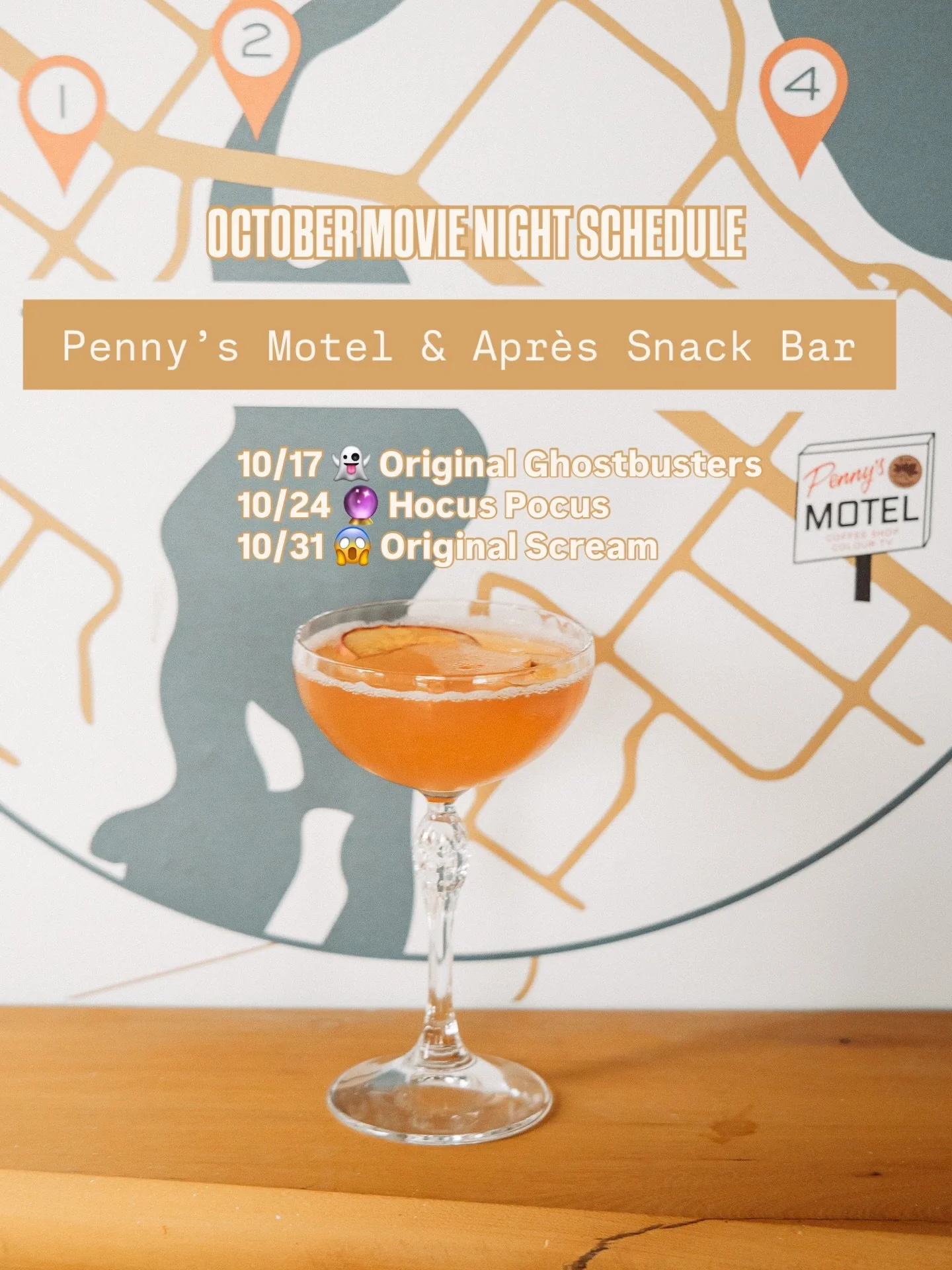 Our October Movie Night Schedule 🎃 Movies start 7:00pm - 7:15pm

10/17 👻 Original Ghost Busters
10/24 🔮 Hocus Pocus
10/31 😱 Original Scream 

- Full Apres Menu Available
- Full Cocktail Menu Available
- Cocktail Special
- Popcorn for sale $5
- Ca