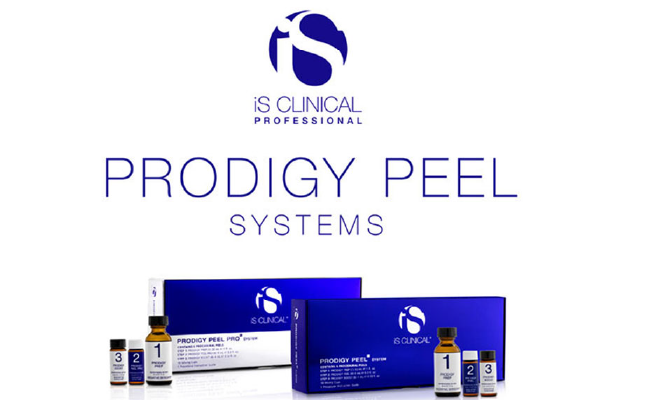 Bild von Produkten und Verpackungen für das Prodigy Peel System von IS Clinical, inklusive Flaschen und Boxen in Blau und Weiß.