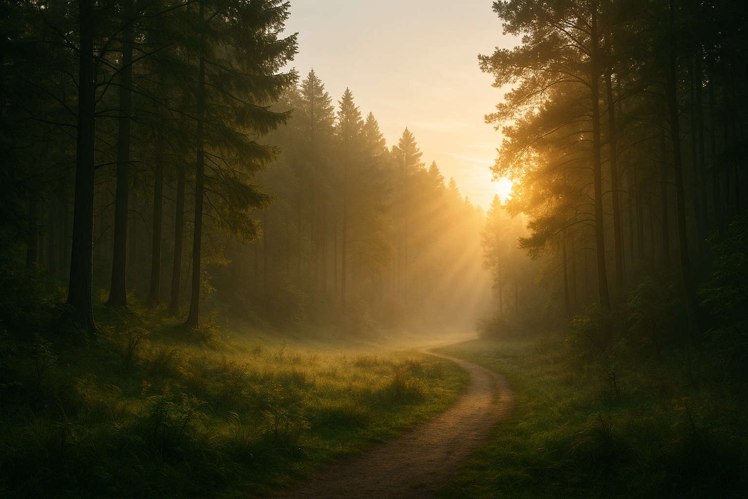 Sunlight filtering through tall trees along a forest trail at sunrise or sunset.