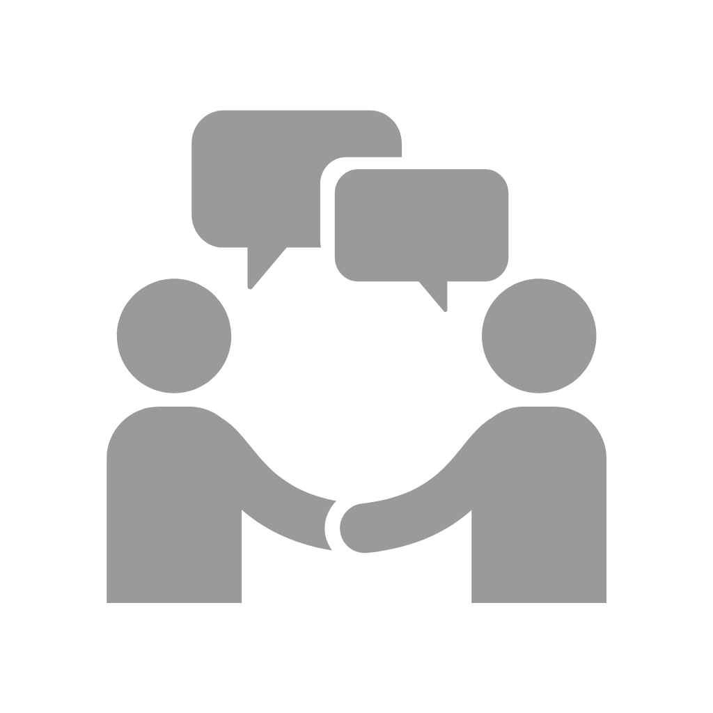 Two gray human figures shaking hands with speech bubbles above their heads.