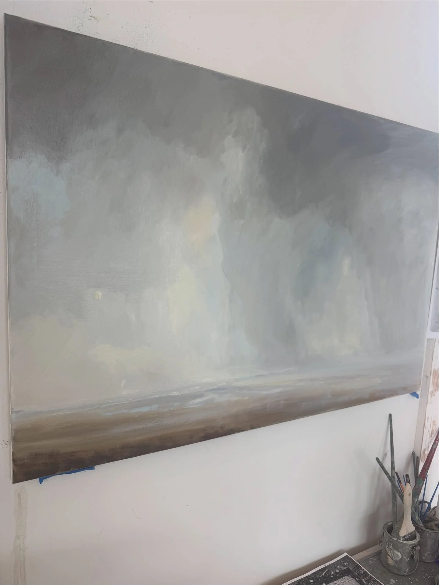 An oil painting in progress. Pushing the edges of the atmosphere into each other. There are no hard lines when the air and the waters merge. 

Genesis 1:6-8 says, &ldquo;And God said, Let there be a firmament in the midst of the waters, and let it di