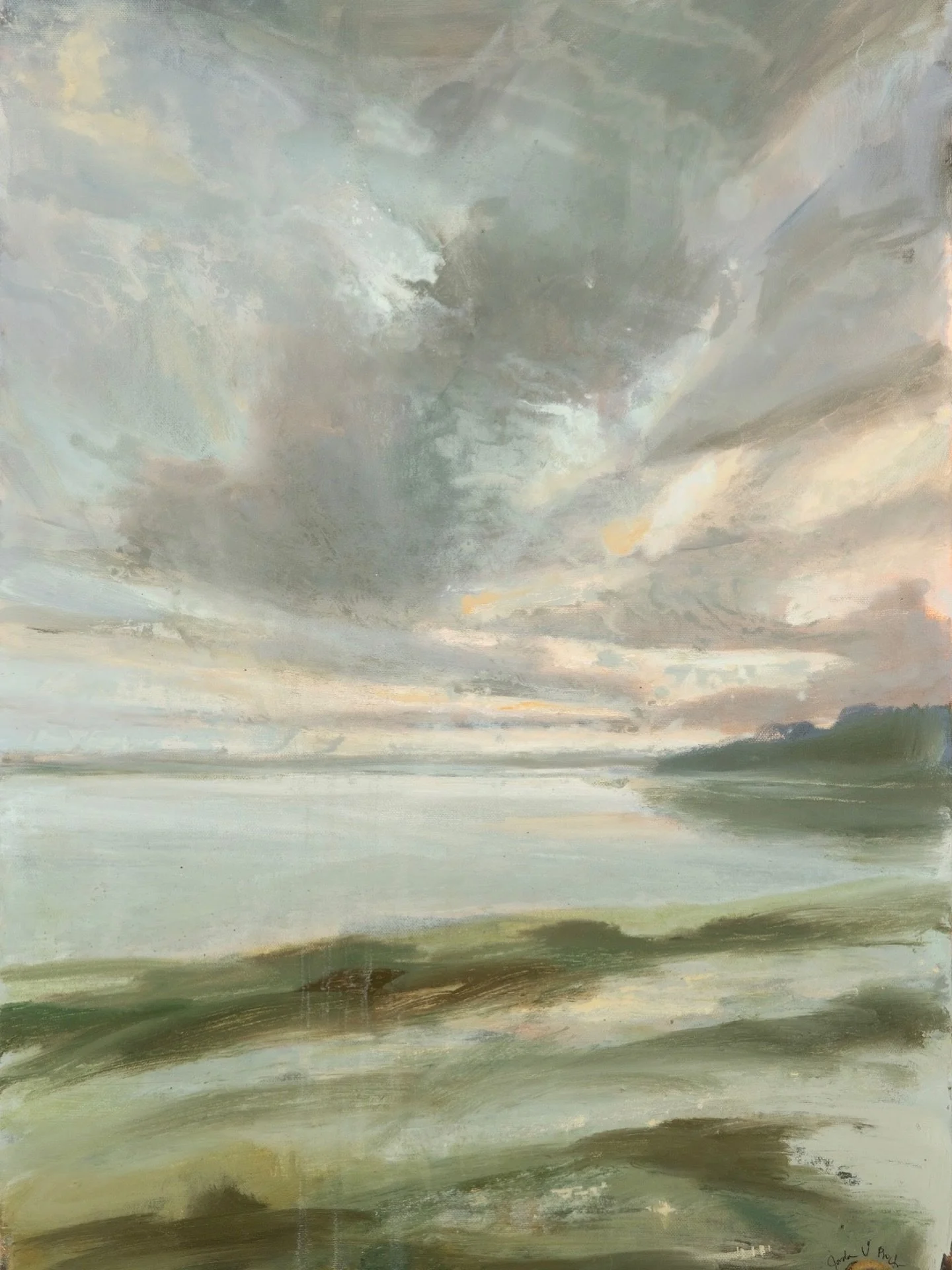 That quiet evening time in the marshes after a rain has come through and the sun isn&rsquo;t quiet to bed. 20x30 original oil
Framed. 
.
.
#oilpainting #swansboronc #jordanvproctor #landscapepainting