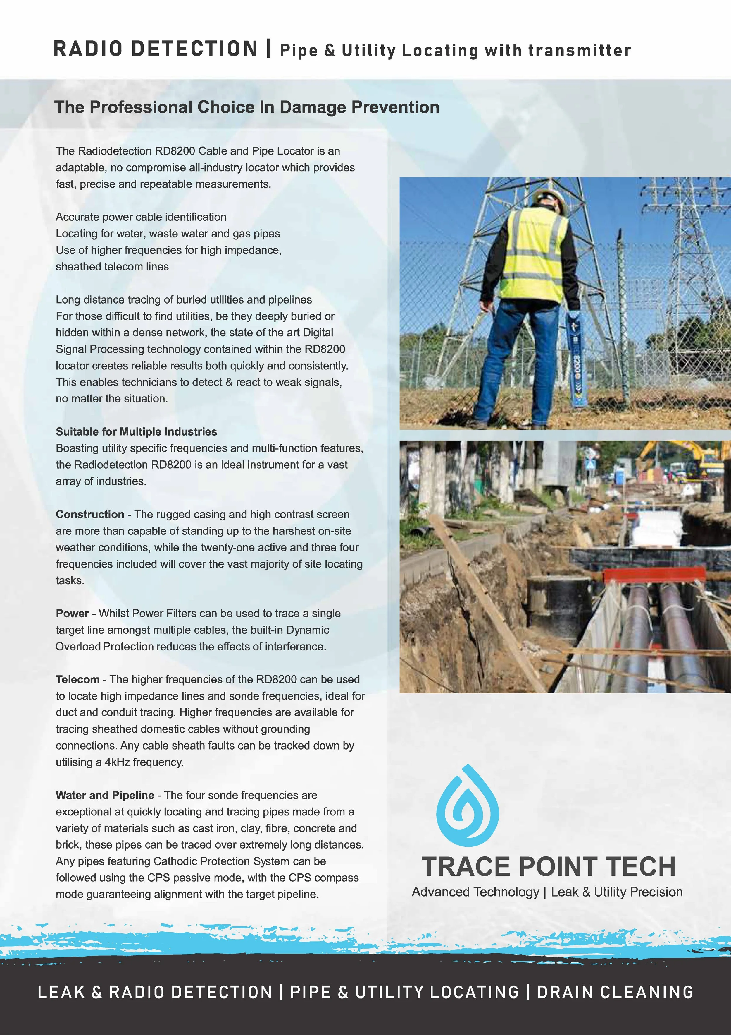 An informational flyer for TRACE POINT TECH Radiodetection RD8200 Pipe and Utility Locator. It features two images: one of a worker in a yellow safety vest and helmet standing near power lines, and another of underground construction involving pipes, with equipment and barriers. The flyer highlights the product's features for detecting and tracing utility lines, water pipes, and conductors, emphasizing durability, multi-frequency capabilities, and various industry applications.