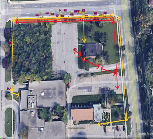 Aerial view of a parking lot showing the reports on where utilities are marked by TracePoint Tech Utility Locating