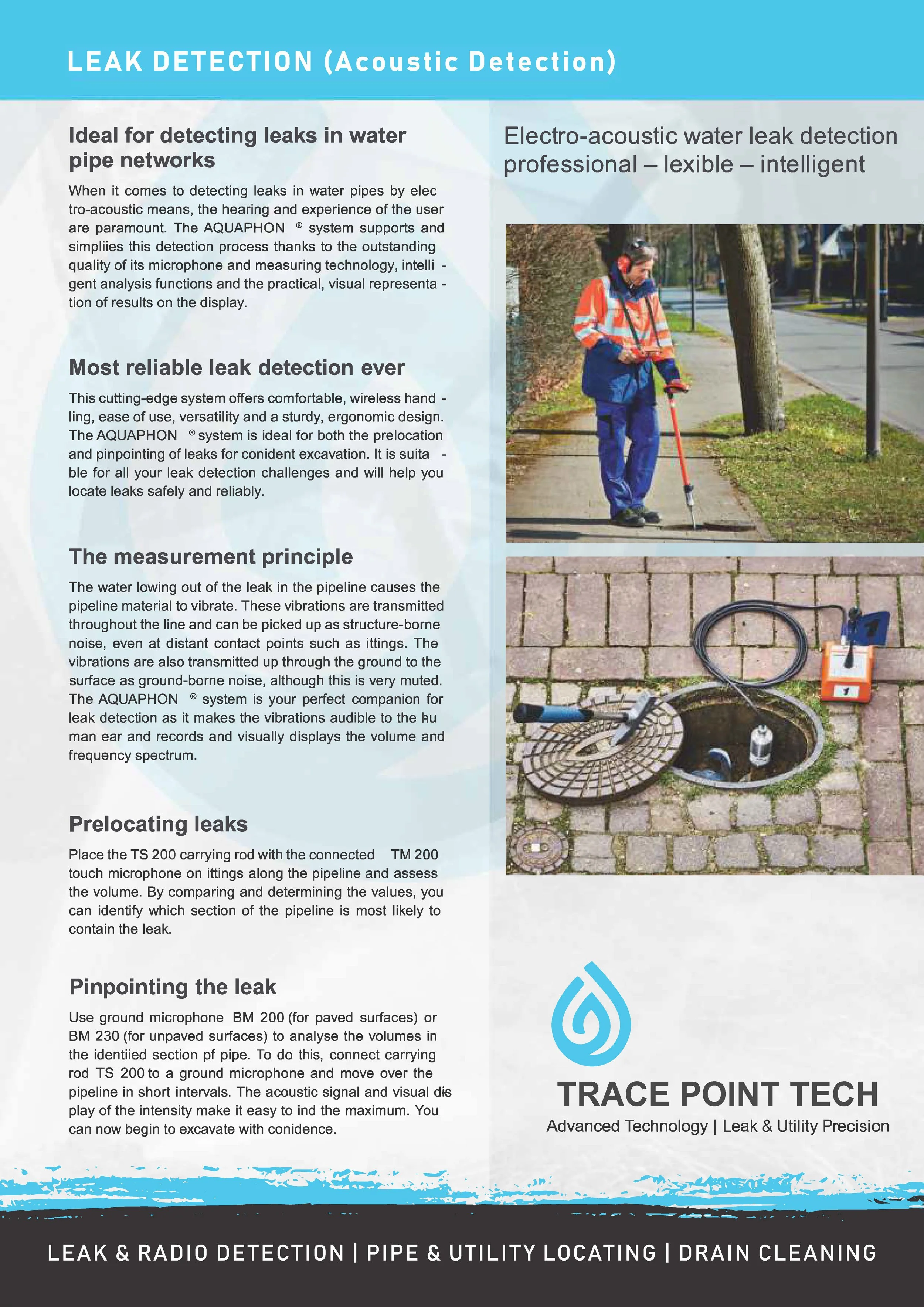 Information sheet about leak detection using acoustic technology, with images of a worker using a ground microphone to detect leaks in a street and a portable leak detection device placed over a manhole. Arizona
