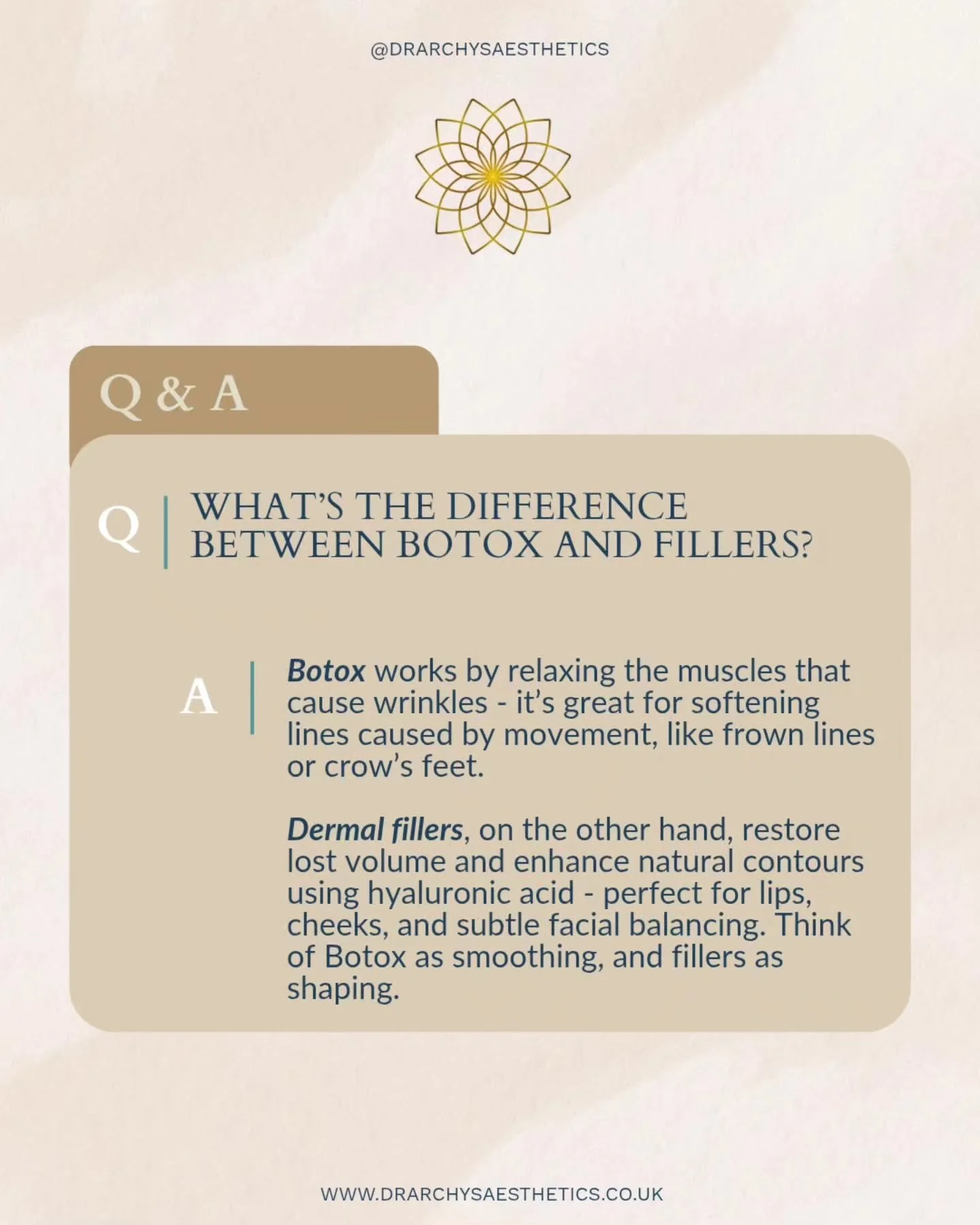 Wondering whether Botox or fillers are right for you?
Here&rsquo;s a quick guide 👇

💉 Botox relaxes the muscles that cause lines and wrinkles - ideal for smoothing frown lines, forehead creases, and crow&rsquo;s feet.

💧 Dermal Fillers restore vol